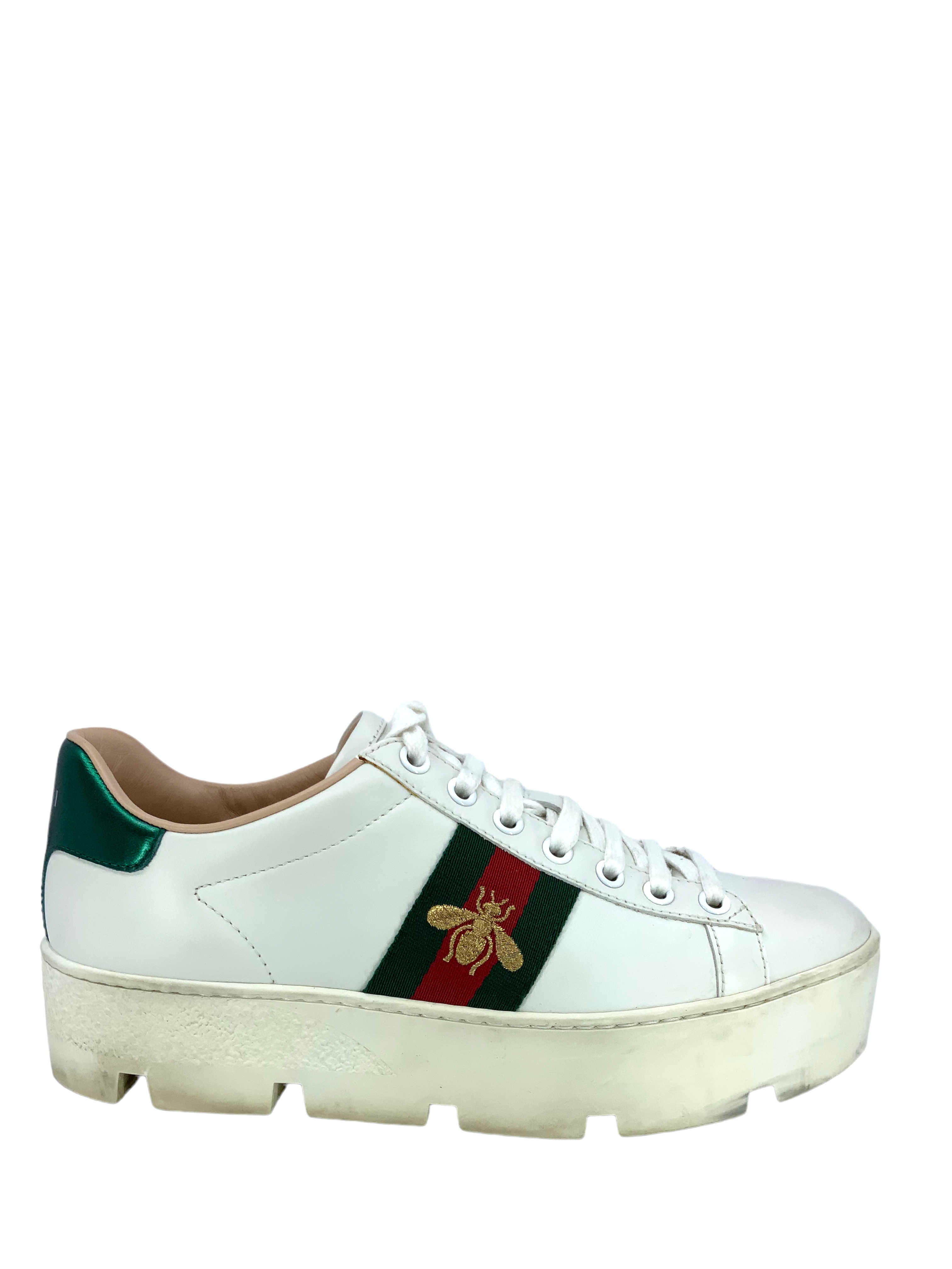 GUCCI Ace Embroidered Platform Sneakers for Women - Size 6.5 US | Fashion Luxury White Leather Shoes with Bee Embroidery | Perfect for Casual Wear, Street Style & Date Night Outfits