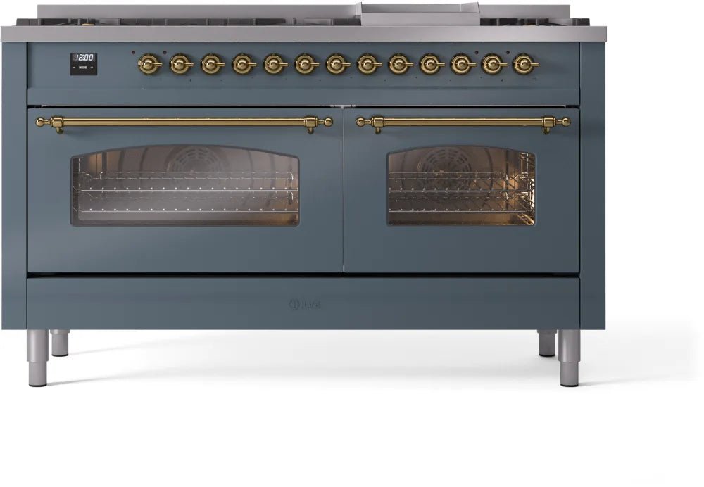 ILVE Nostalgie II 60-Inch Dual Fuel Natural Gas Range - Blue Grey with Brass Trim (UP60FNMPBGG) | Professional Kitchen Appliance for Home Chefs & Cooking Enthusiasts