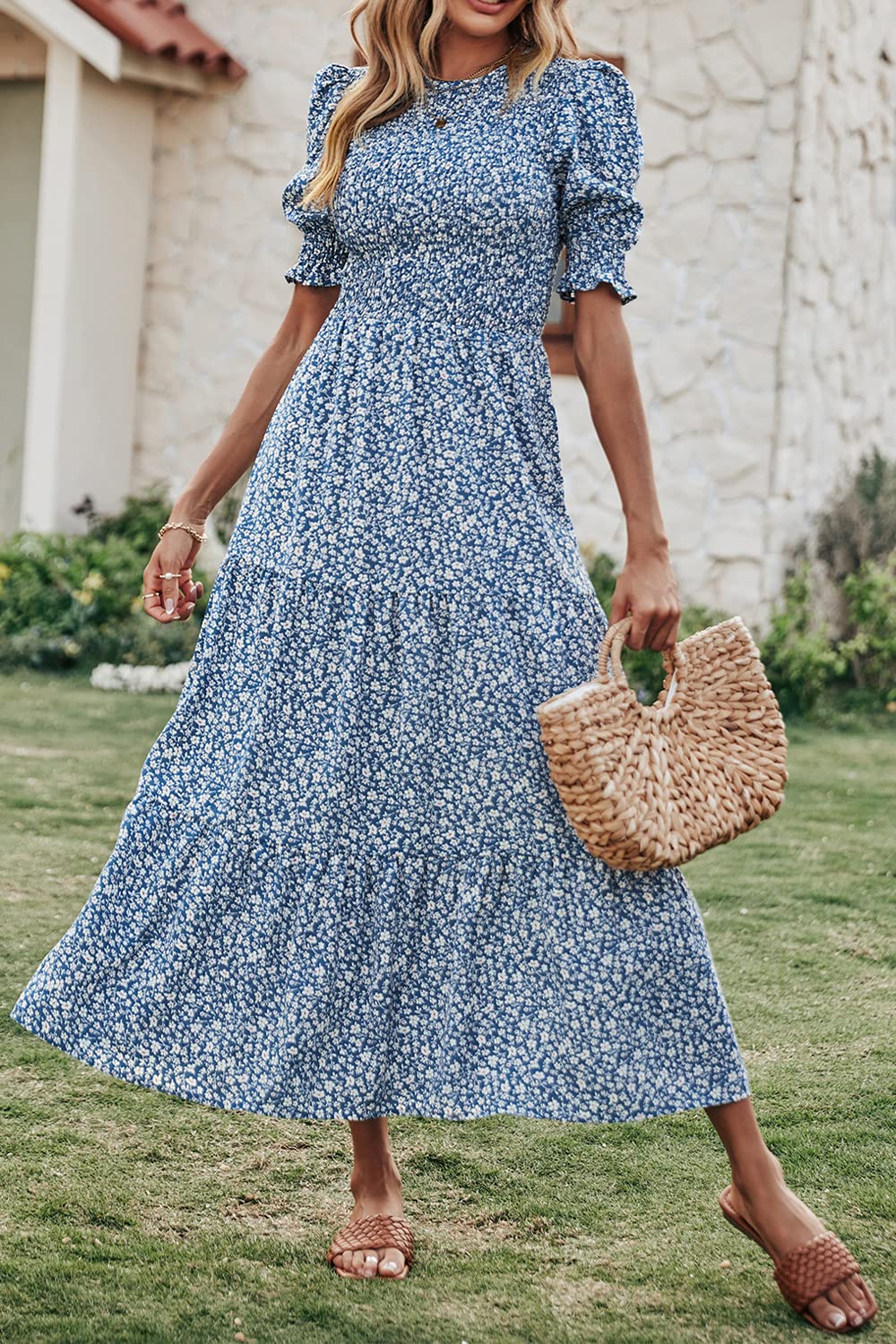BTFBM Women's Floral Print Boho Maxi Dress - Short Sleeve Ruffle Summer Dress with Crew Neck & Smocked Waist | Perfect for Beach Vacation, Date Night & Casual Outings 2025 Spring Collection