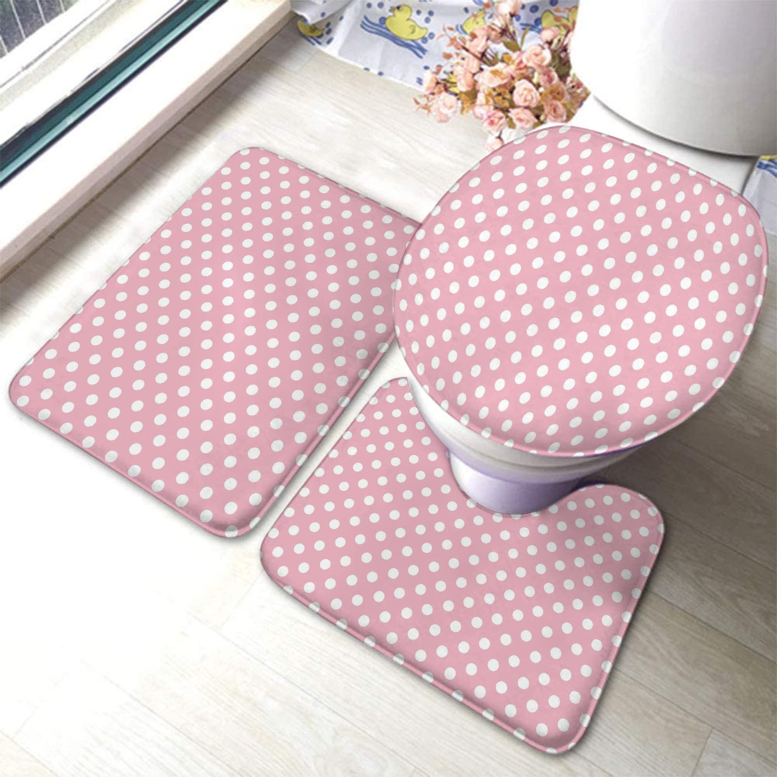3-Piece Pink Cartoon Polka Dot Bathroom Rug Set - Non-Slip, Absorbent Bath Mats for Floor - Cute Abstract Design for Kids & Adults Bathroom Decor