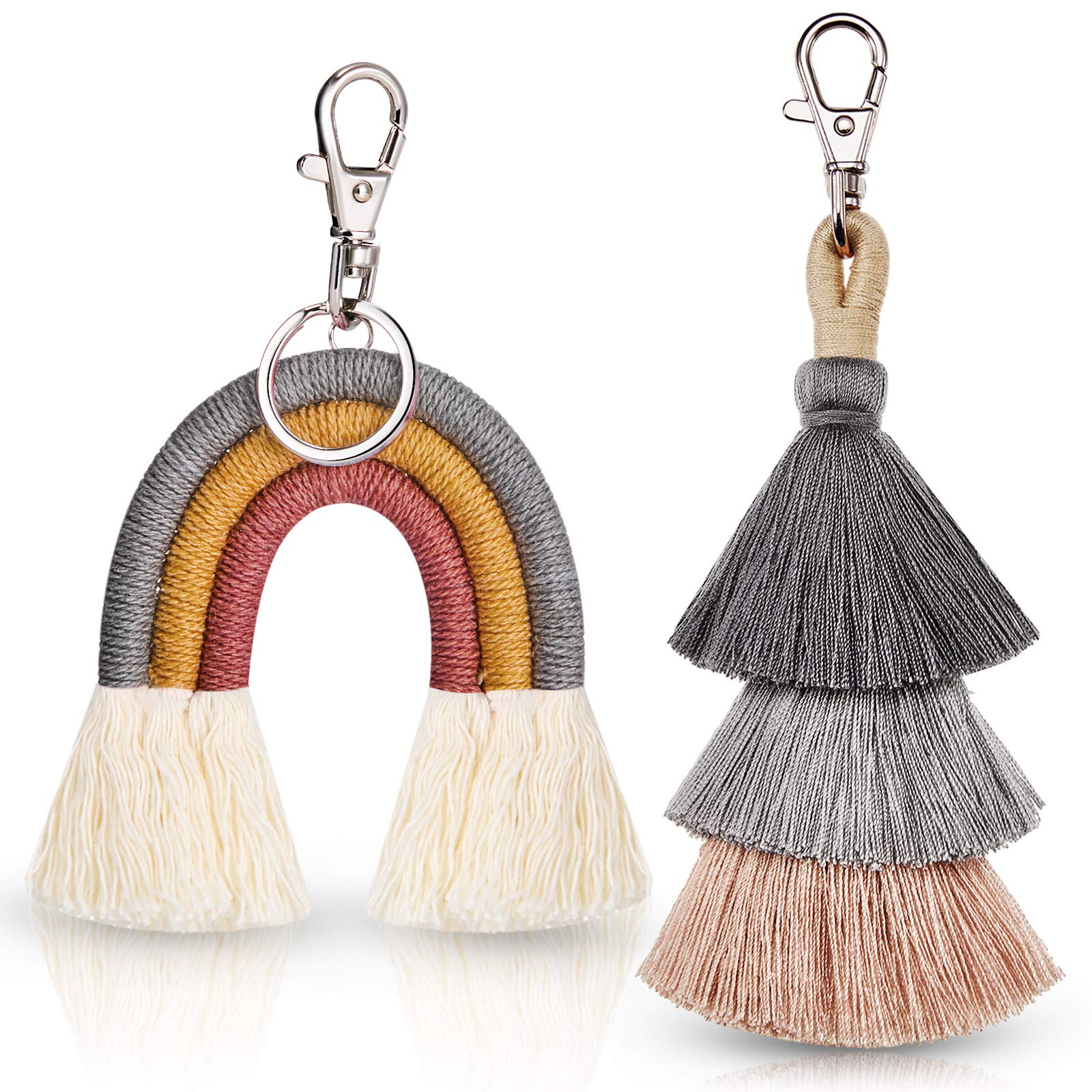 Boho Rainbow Keychains for Women - 2 Pack Macrame Tassel Pom Pom Keychains, Perfect for Bags, Backpacks, and Gift Giving