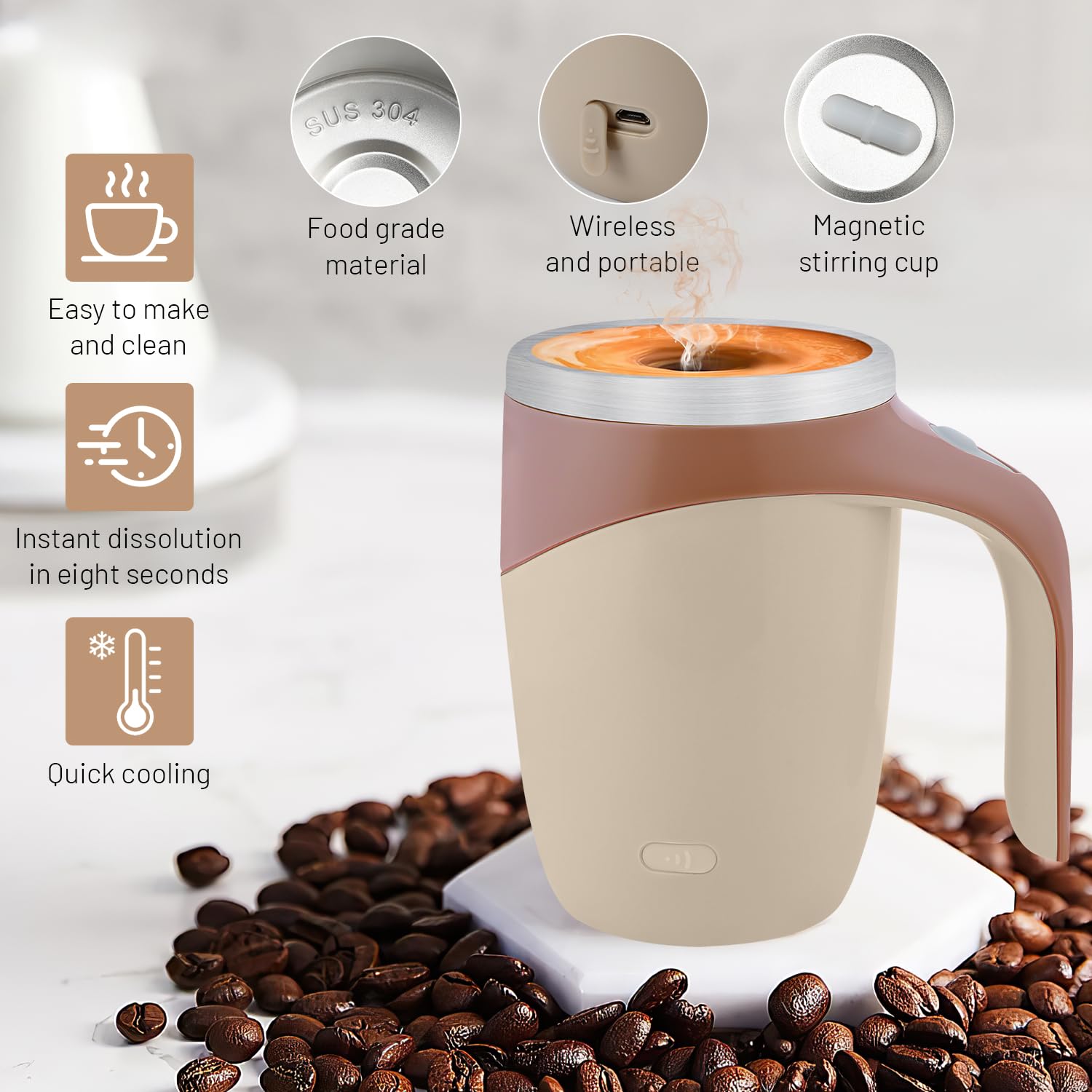 Self Stirring Coffee Mug - Automatic Magnetic Stirring Travel Mug with Rechargeable Battery, Stainless Steel Smart Coffee Cup for Coffee, Tea & Hot Chocolate - Perfect for Office, Home & Outdoor Use (Brown)