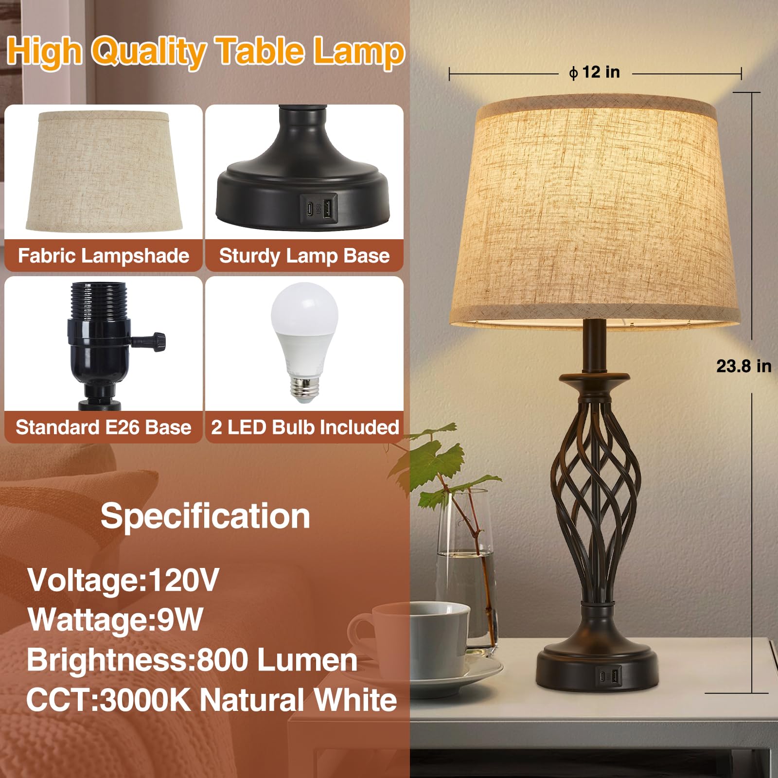 Modern Spiral Cage Table Lamp Set of 2 with USB C+A Ports - Bedside Nightstand Lamps with Fabric Shade & Included LED Bulbs for Bedroom, Living Room, Reading Nook - Black (Home Office Lighting, Guest Room Decor, Cozy Evening Ambience)