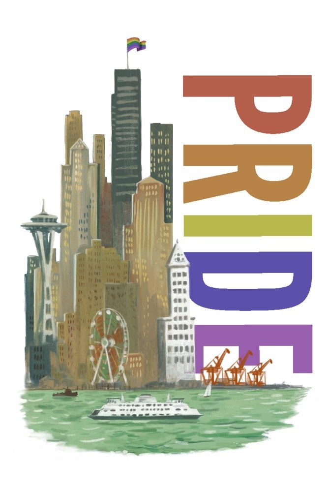 Seattle Washington Gay Pride Vintage Watercolor Skyline - 24x36 Gallery Quality Metal Wall Art, Aluminum Home Decor for Living Room, Bedroom & Office