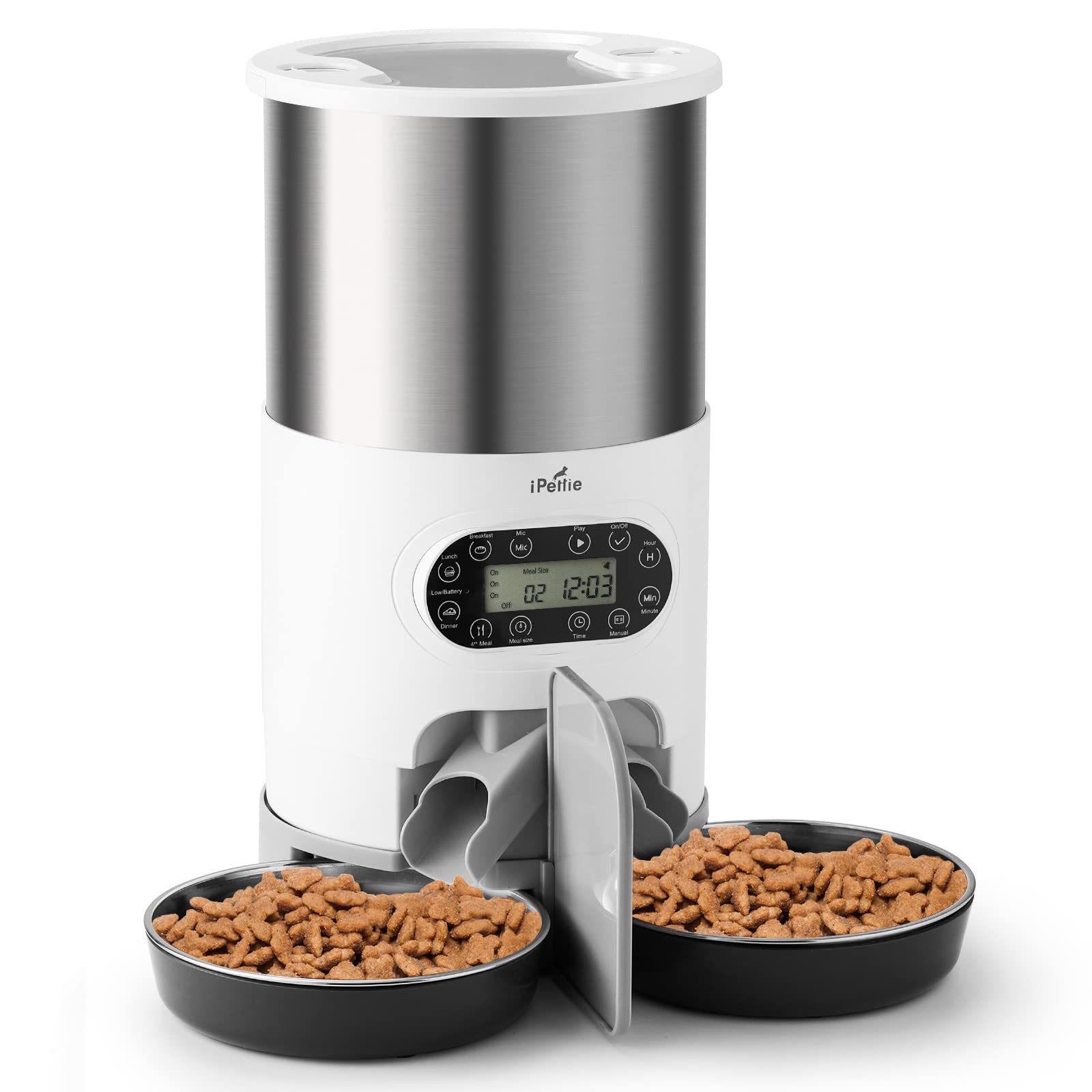 iPettie Automatic Cat Dog Feeder - 4.5L/19.1 Cup Smart Pet Food Dispenser with Portion Control, 2-Way Splitter & Voice Recorder | Stainless Steel Dishwasher Safe Bowl for 2 Pets | Perfect for Home, Office & Travel Use