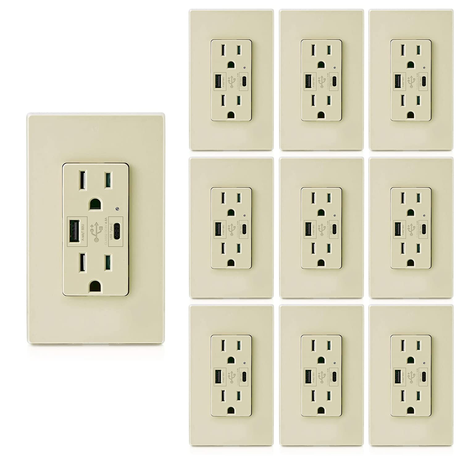 **Micmi 24W USB C Outlet with Power Delivery - Dual Type C & A Ports, 4.8A Fast Charging, 15A 125V Tamper-Resistant Receptacle, Screwless Wall Plate, UL Listed (10-Pack, Ivory) - Perfect for Home, Office & Hotel Upgrades**