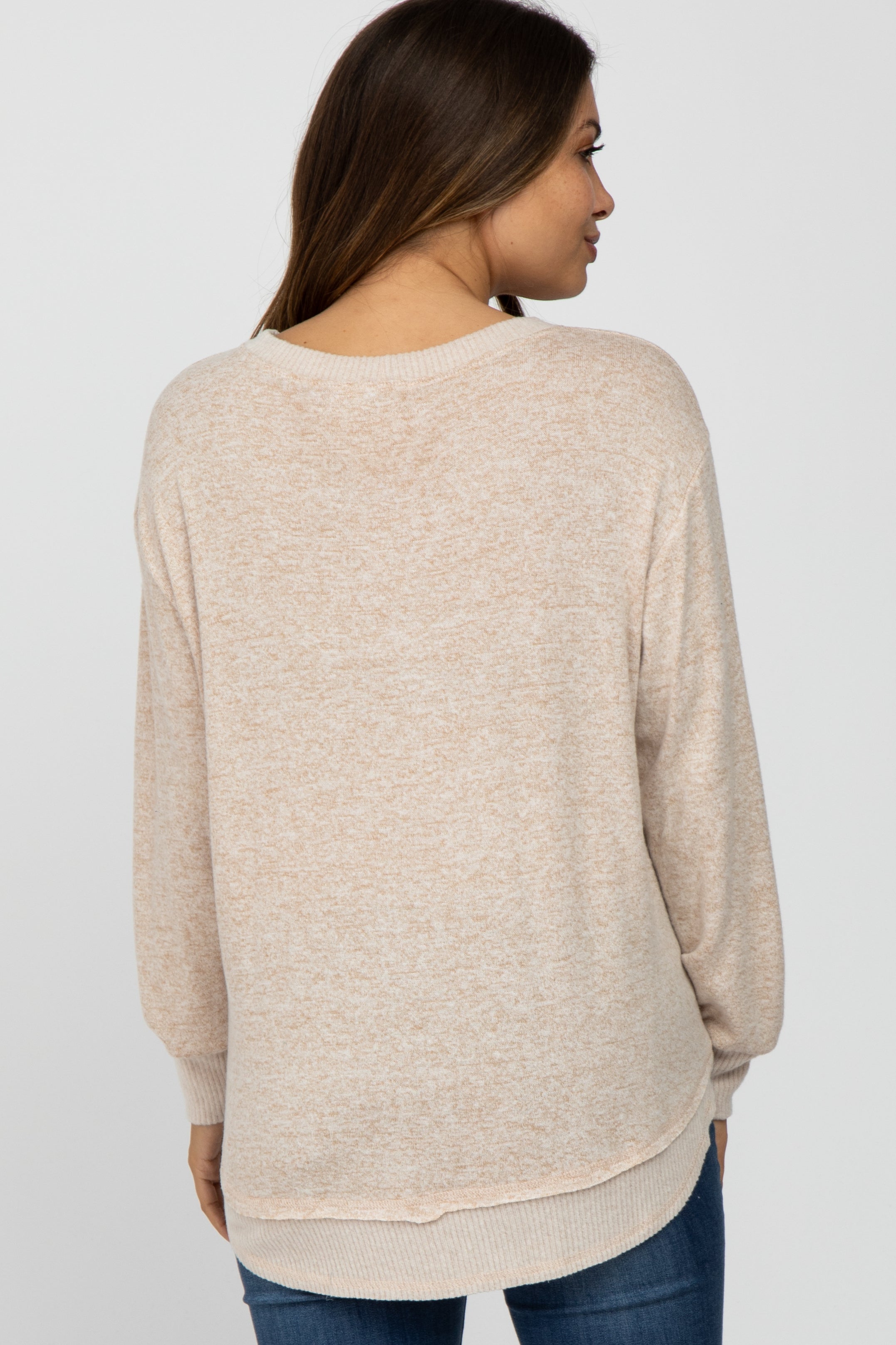 Beige Brushed Knit Rib Contrast Maternity Top for Women - Soft Stretch Pregnancy Shirt - Comfortable Nursing Blouse for Everyday Wear & Maternity Photos