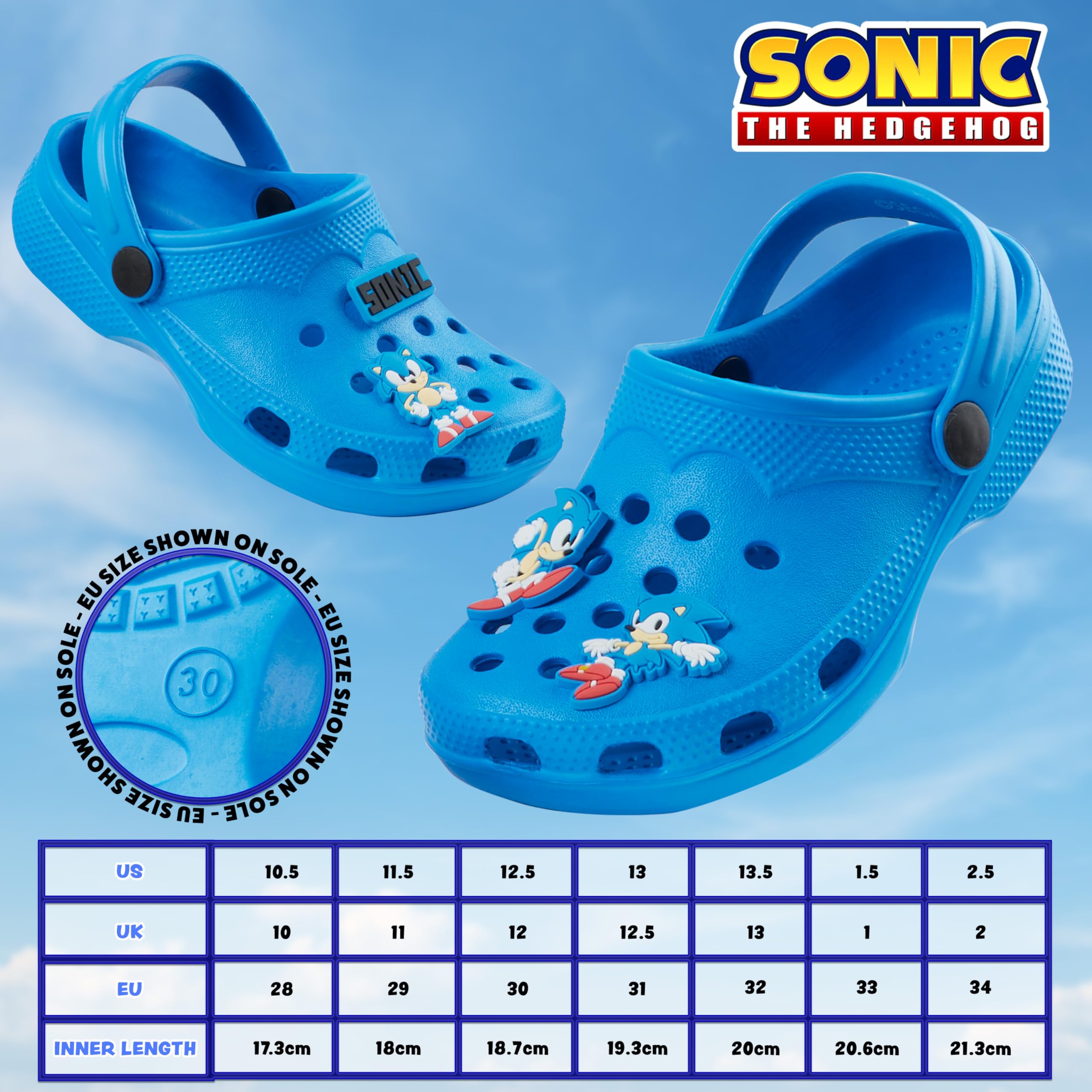 Sonic The Hedgehog Boys Clogs with Removable Rubber Charms - Comfortable Kids Slippers for Gamers - Perfect Gift for Birthday, Christmas & Gaming Enthusiasts