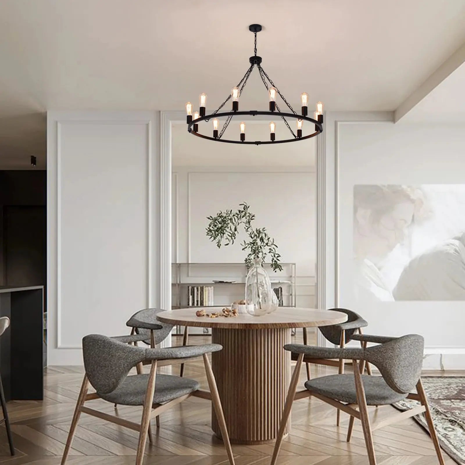 12-Light Black Metal Chandelier Fixture - Elegant Dining Room & Bedroom Ceiling Lighting for Modern Homes