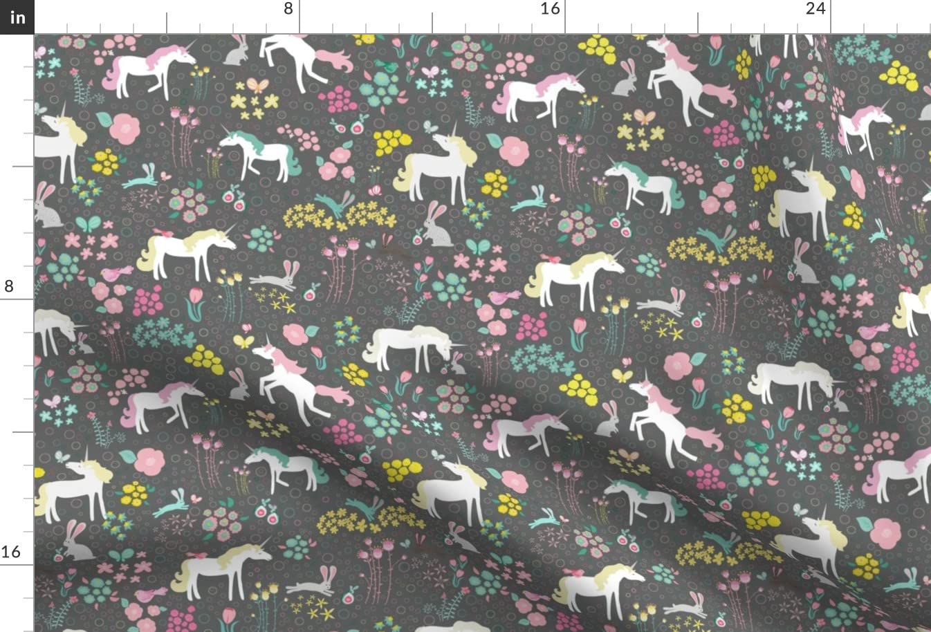 Pastel Grey Unicorns & Bunnies Floral Print Velvet Upholstery Fabric - Fat Quarter for Home Decor, Apparel & DIY Projects | Soft & Durable for Curtains, Pillows, Clothing & Crafting