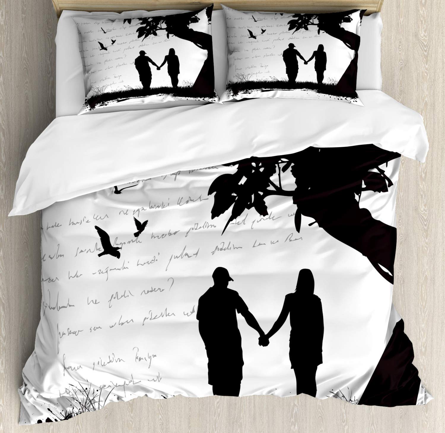 Ambesonne Romantic Couple Duvet Cover Set - 2 Pack Cal King Size, Black White & Grey - Silhouette of Lovers Holding Hands Under Tree - Includes 2 Duvet Covers & 4 Pillowcases - Perfect for Couples Bedroom, Anniversary Gift & Valentine's Day Decor
