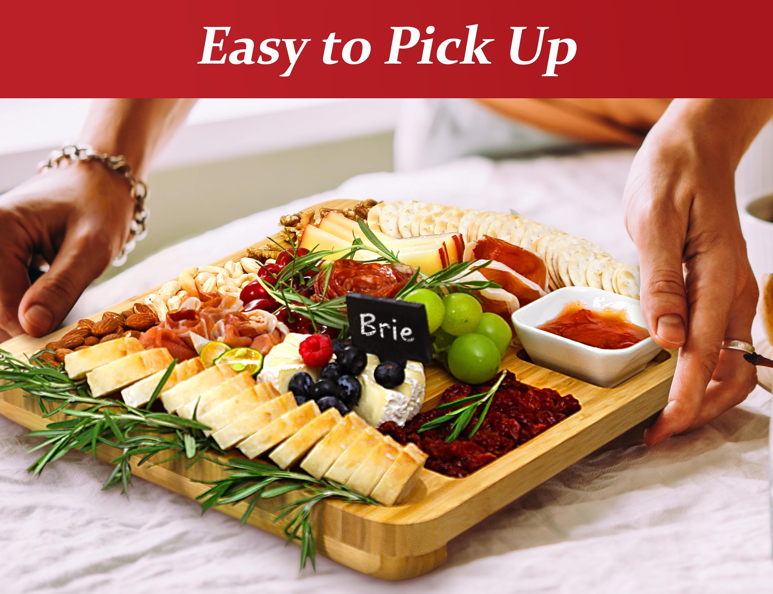 Premium Bamboo Cheese Board Set - Large Charcuterie Platter with 4 Stainless Steel Serving Knives | Perfect for Wine Parties, Housewarming Gifts, Weddings & Birthday Presents for Women & Men | Elegant Entertaining & Gourmet Cheese Tasting