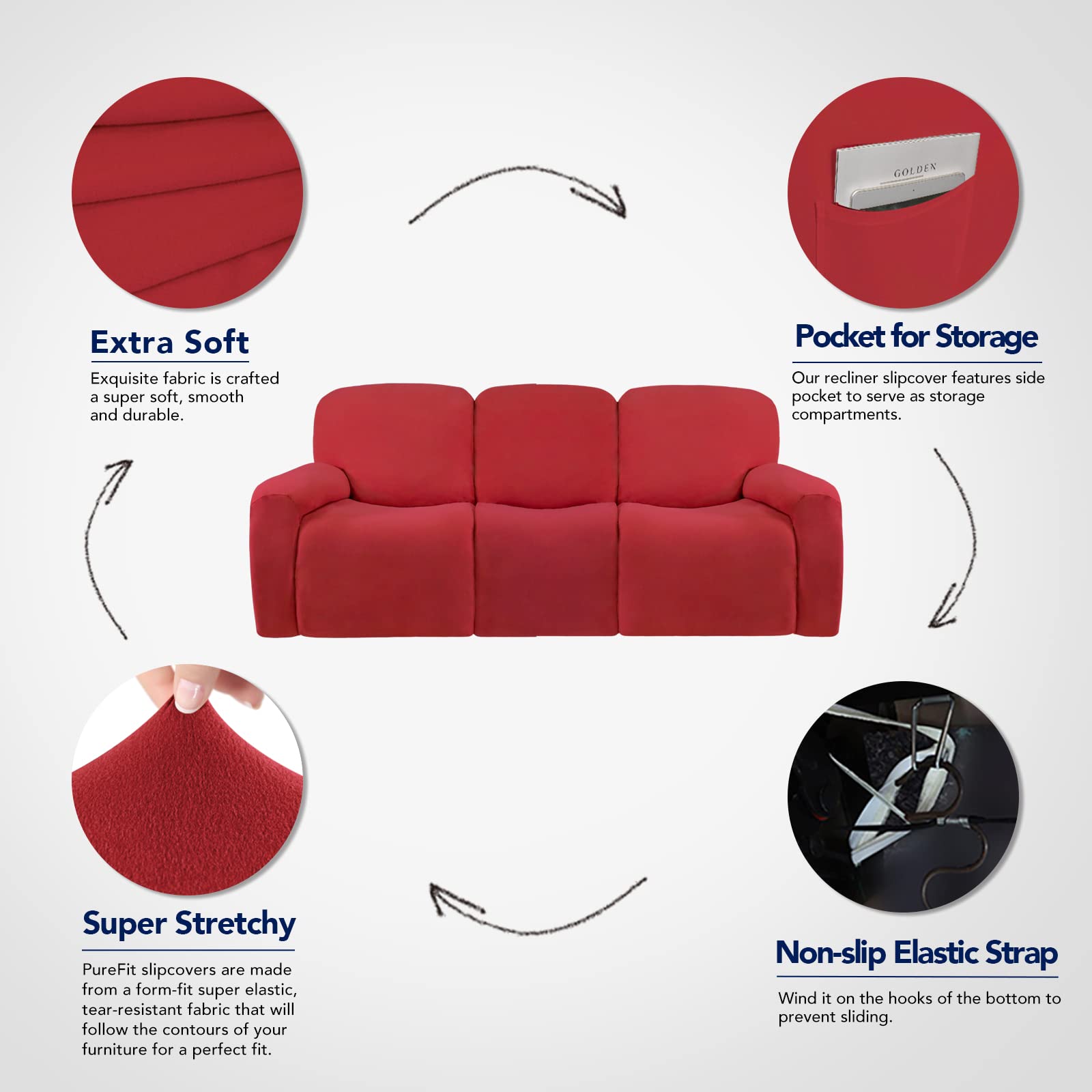 PureFit Super Stretch 3-Seater Recliner Sofa Cover with Pockets - Non-Slip Soft Washable Spandex Slipcover for Reclining Furniture Protection (Red) | Perfect for Homes with Kids & Pets, Living Room Furniture Protection
