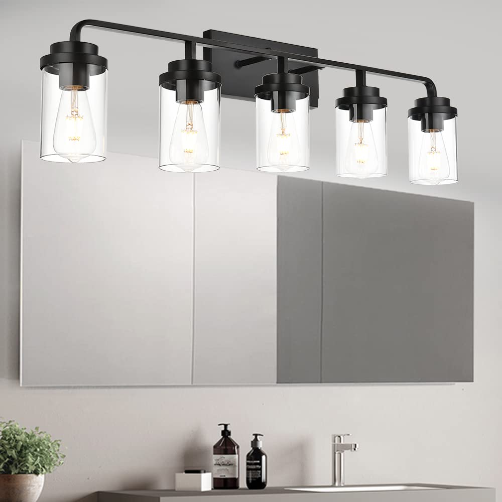 BONLICHT 5-Light Matte Black Bathroom Vanity Light with Clear Glass - Modern Wall Sconce Lighting Fixture for Bathroom Mirror, Farmhouse Dining Room, Foyer & Vanity Table - Waterproof & Dimmable for Home Decor