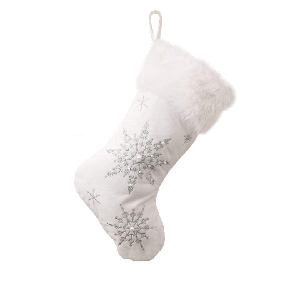 Cabilock 2 Pack White Silver Christmas Stockings - Snowflake Hanging Stockings for Fireplace, Tree Decorations, Xmas Party Favors & Home Holiday Gifts (Perfect for Christmas Decor, Gift Exchange & Festive Celebrations)