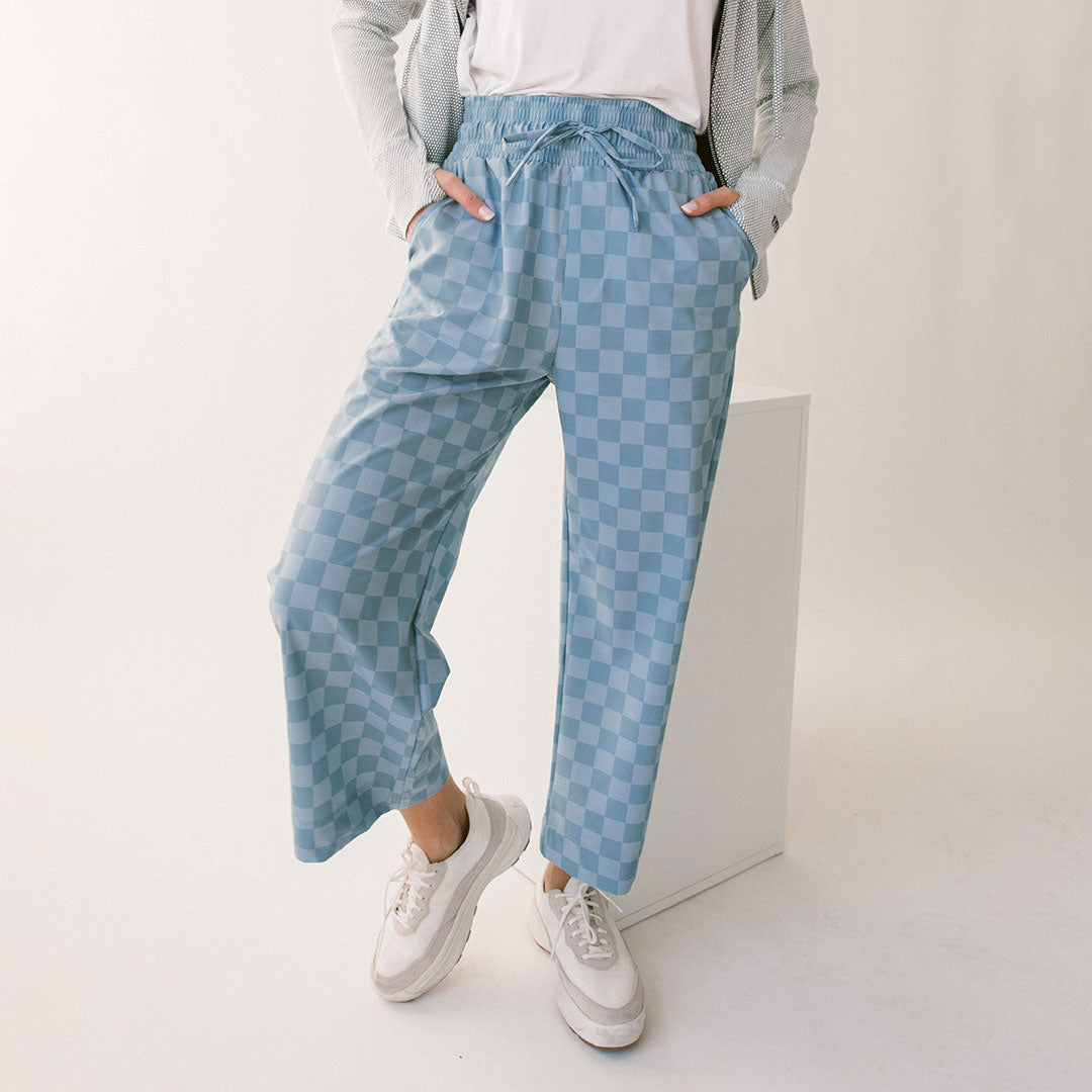 Audrey Wide Leg Pants - Blue Checker Print High Waist Palazzo Trousers for Women | Office Wear, Casual Outfits & Summer Fashion