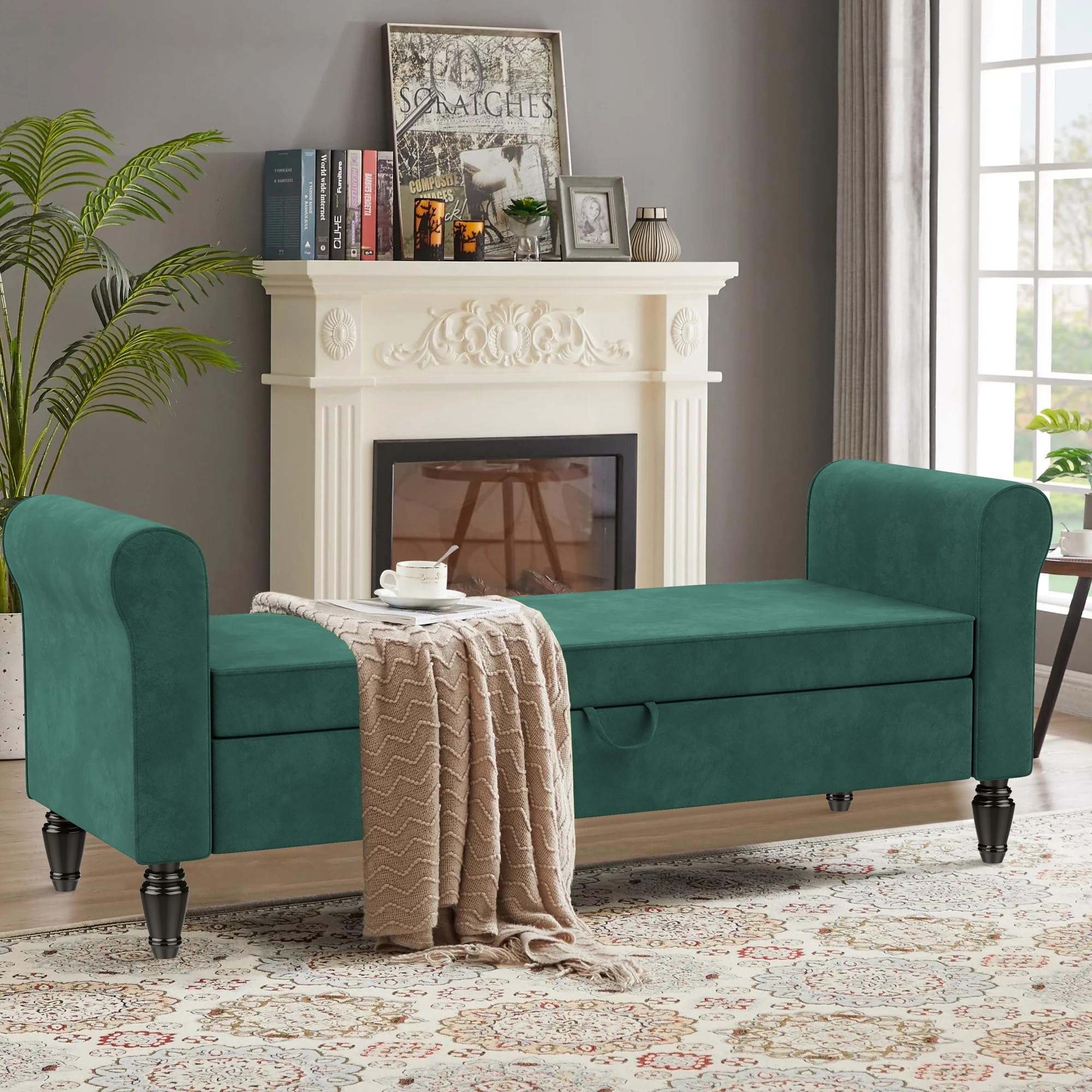 ALISH Modern Storage Bench with Arms - Button Tufted Upholstered Entryway Bench for Living Room & Bedroom - Green Velvet Ottoman with Hidden Storage | Perfect for Hallway Seating, Bed End Storage & Entryway Organization