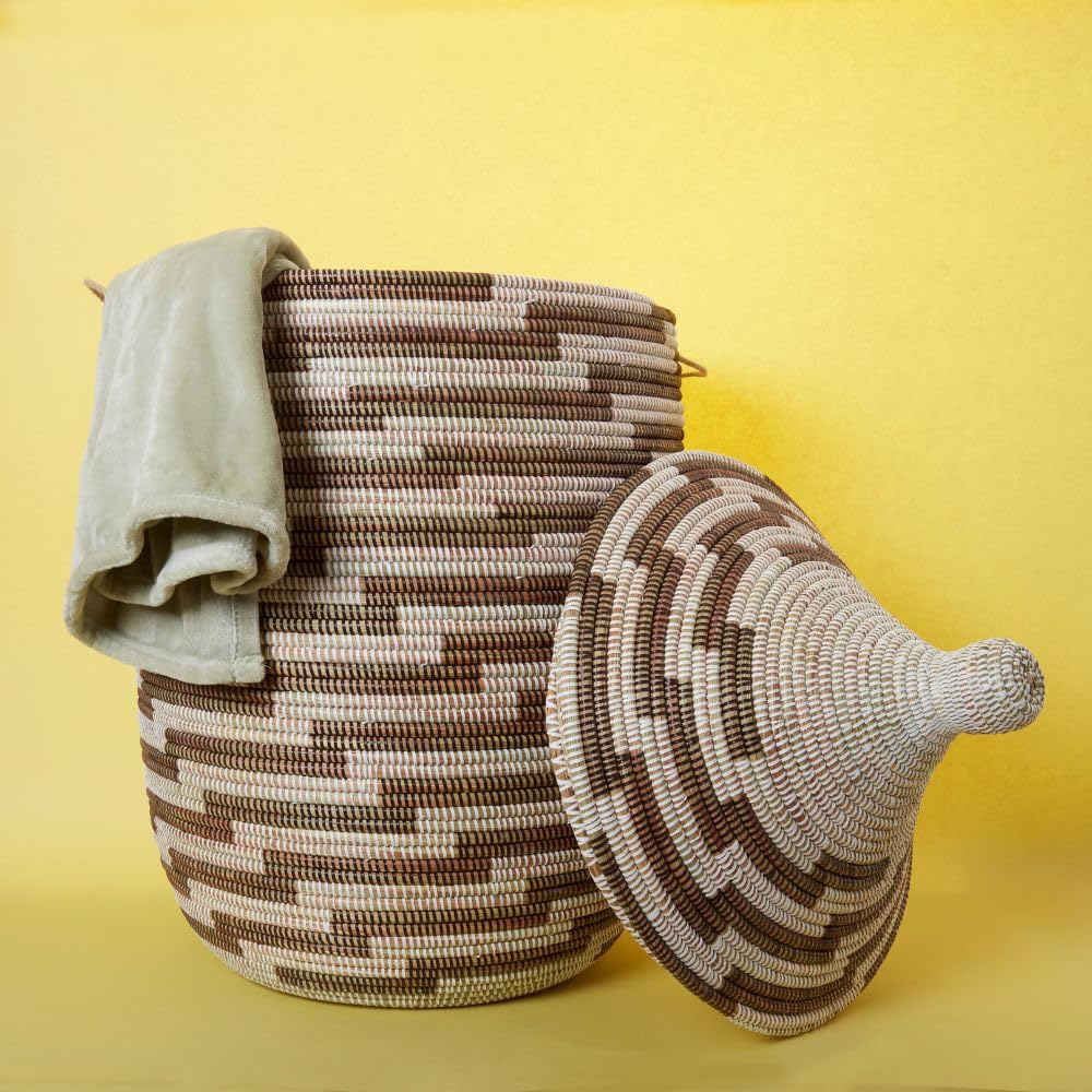 Extra Large Storage Basket with Hooded Lid - Brown Steps Design for Home Organization, Laundry, Toys & Closet Storage | Durable Woven Storage Bin for Bedroom, Nursery & Living Room