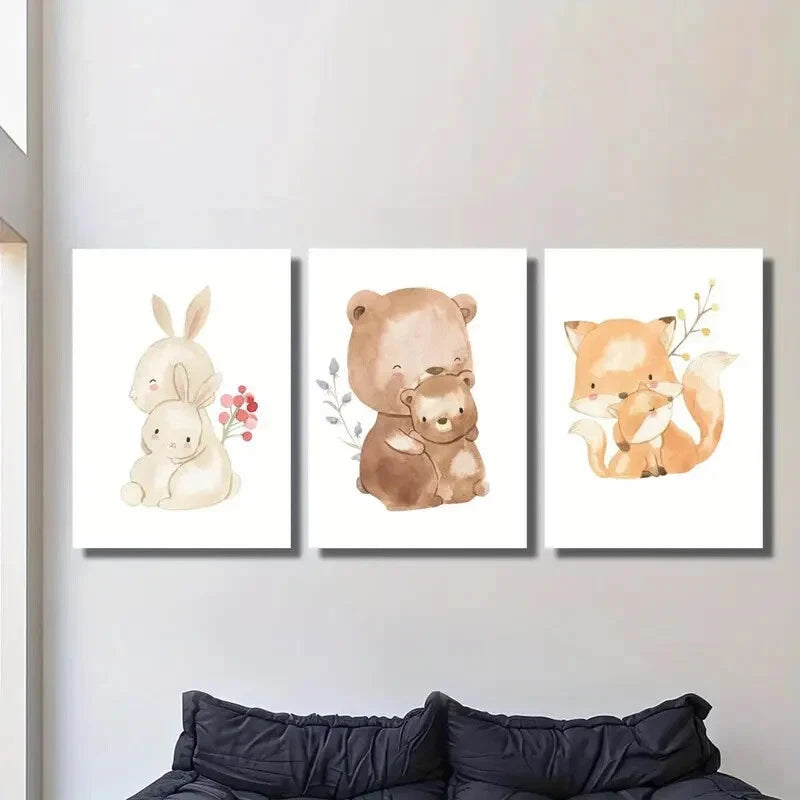 3-Piece Adorable Watercolor Animal Illustrations Metal Print - Ready to Hang Wall Art for Nursery, Kids Room & Home Decor
