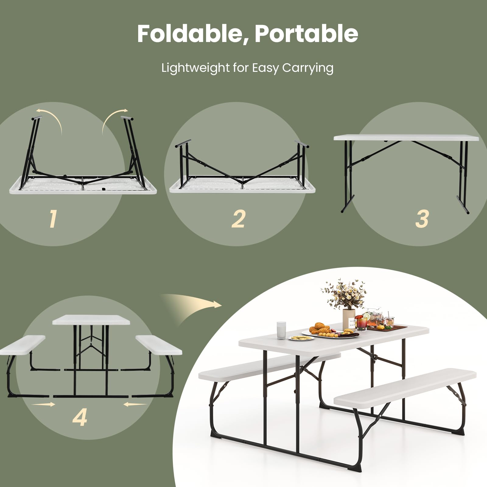 Tangkula Folding Picnic Table with 2 Benches - Portable Outdoor Camping Table Set with Wood-Like Plastic Tabletop & Sturdy Steel Frame - Foldable for Picnics, BBQs, Parties, Camping & Backyard Gatherings (White)