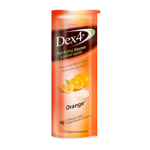 DEX 4 Glucose Tablets Orange Flavor - Fast Acting Energy Boost (10 Tablets/Box) - Ideal for Diabetics, Athletes & Low Blood Sugar Emergencies