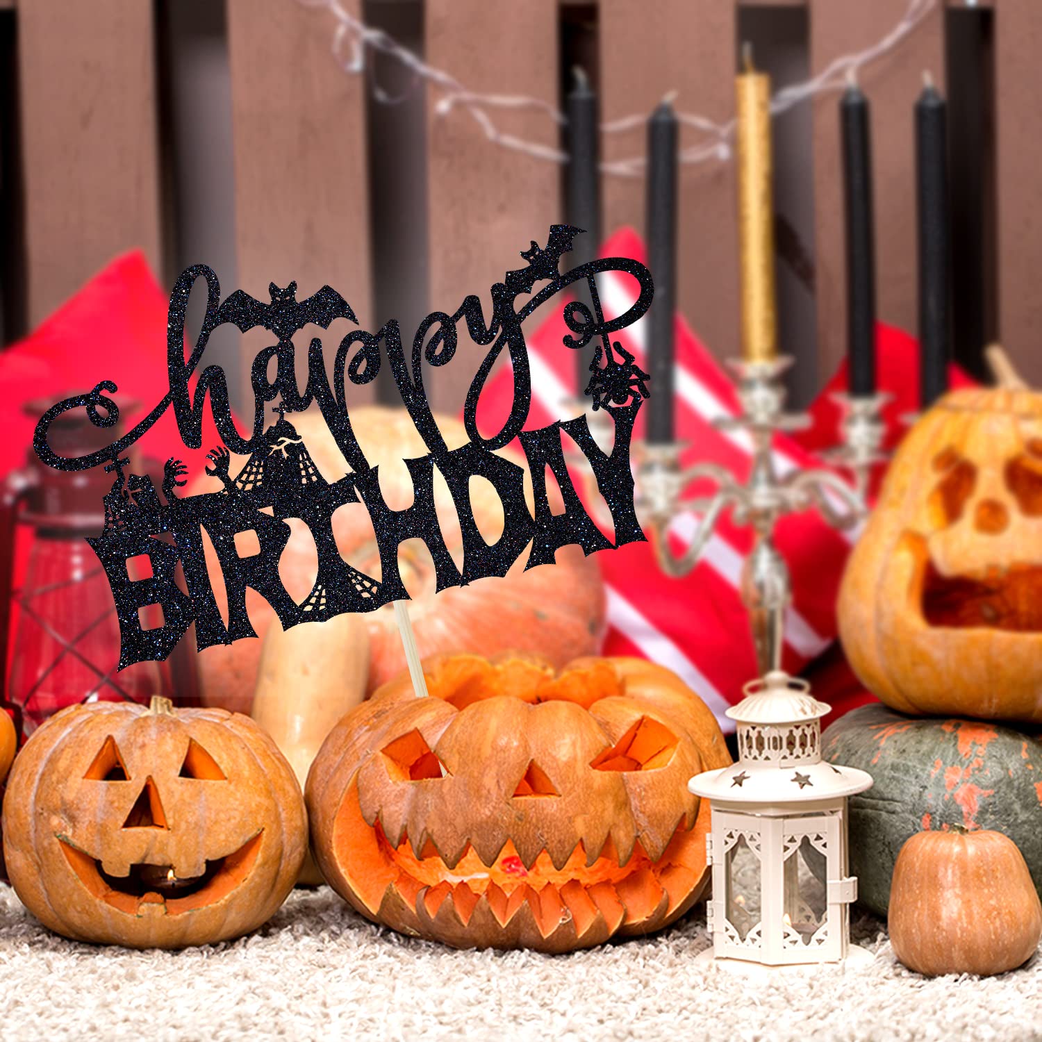 Spooky Zombie Halloween Birthday Cake Topper - Black Glitter Bat & Ghost Cake Decorations for Adult & Kids Parties - Perfect for Halloween Celebrations, Spooky Birthday Cakes, and Themed Dessert Displays