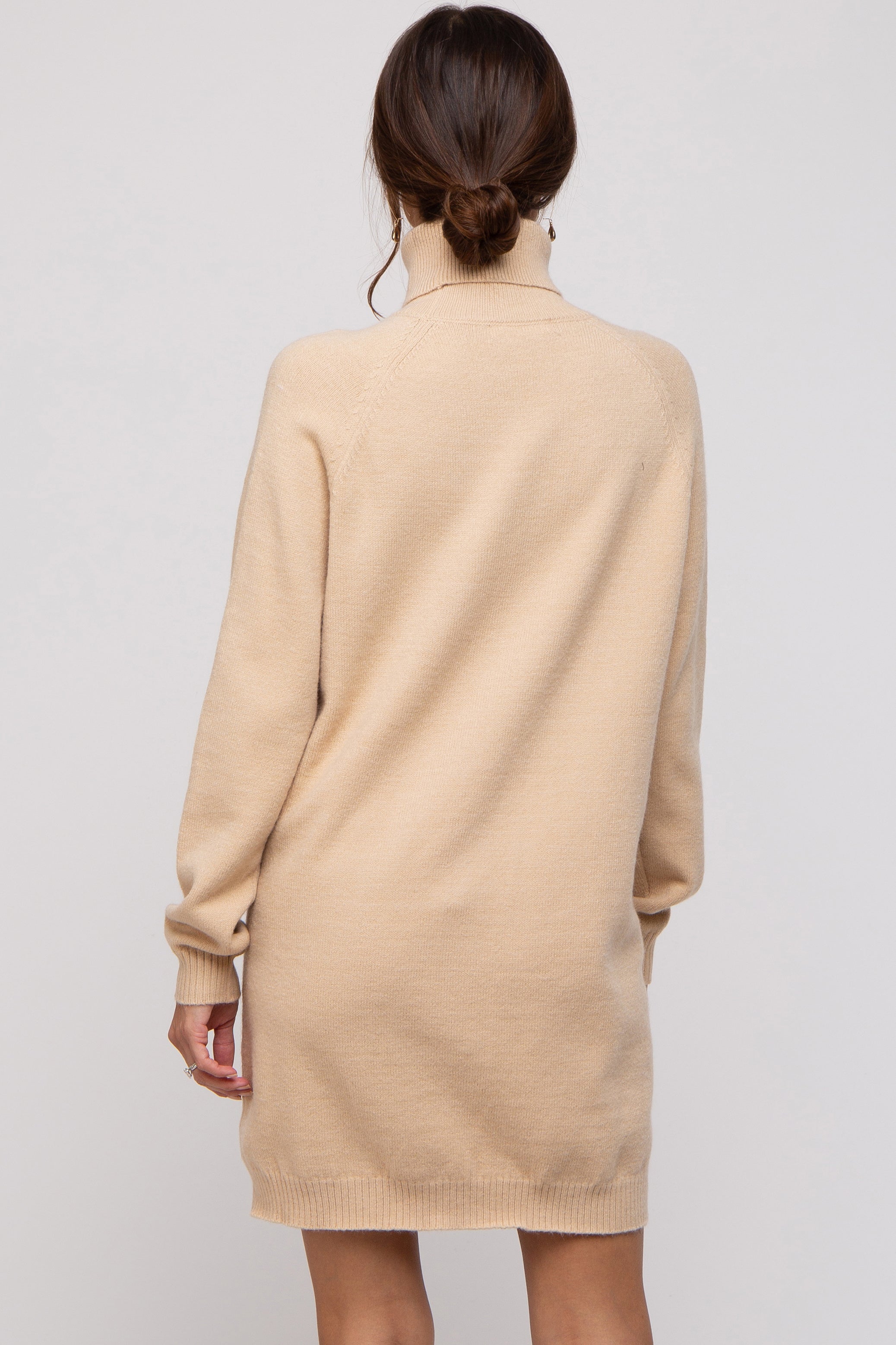 Beige Maternity Sweater Dress - Long Sleeve Knit Turtleneck for Pregnancy Comfort | Perfect for Baby Showers, Maternity Photos & Winter Maternity Wear