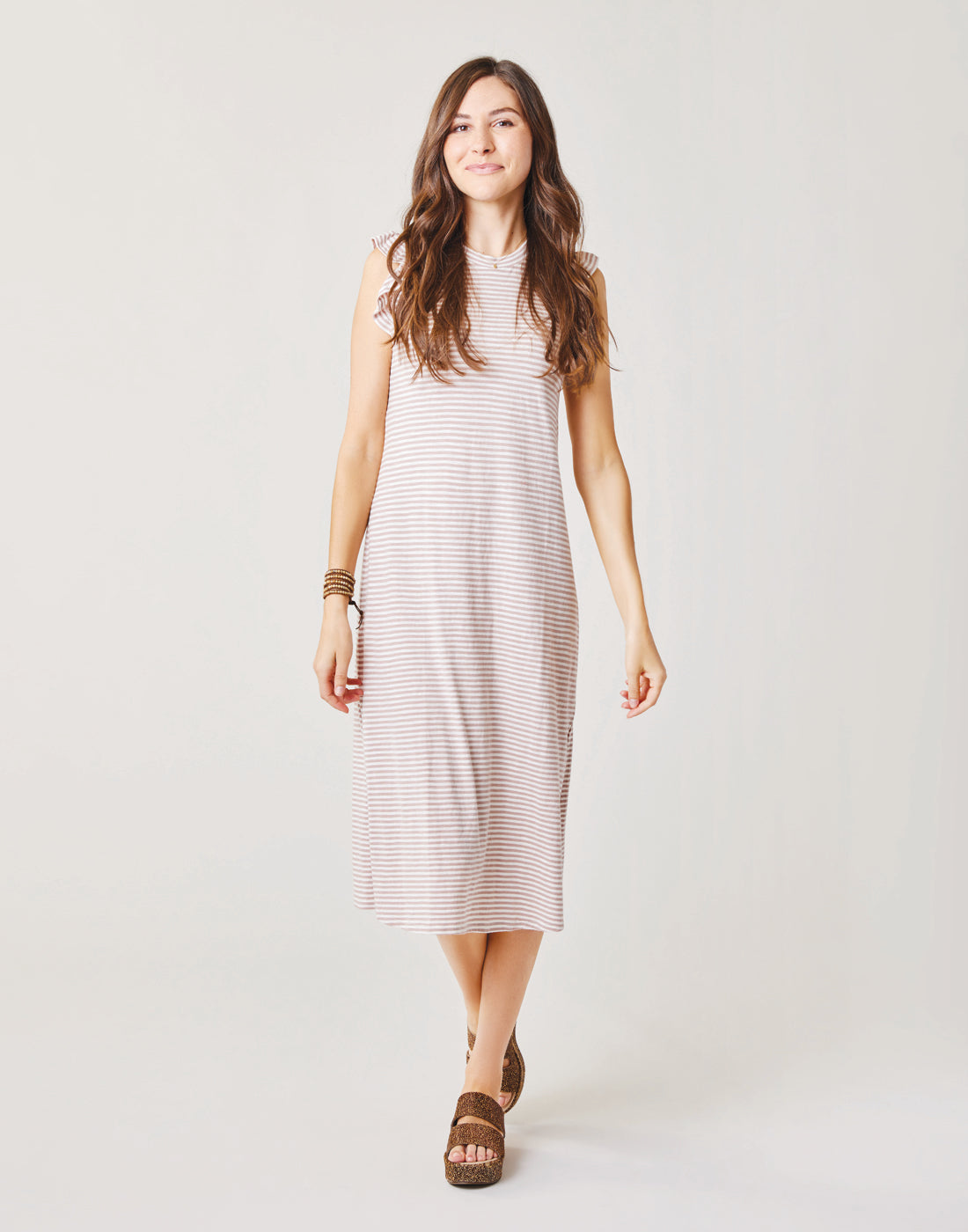 Maeve Dress: Fawn Stripe - Women's Flowy Midi Dress with Striped Pattern | Perfect for Casual Outings, Office Wear & Summer Vacations