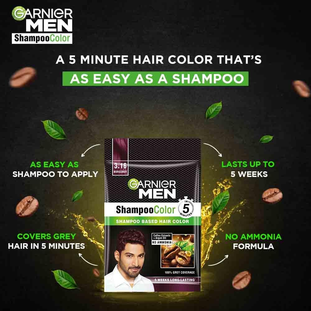 Garnier Men's Burgundy Hair Color Shampoo - Shade 3.16 (5 Pack) | Permanent Hair Dye for Men with Gray Coverage | At-Home Hair Coloring for DIY Styling