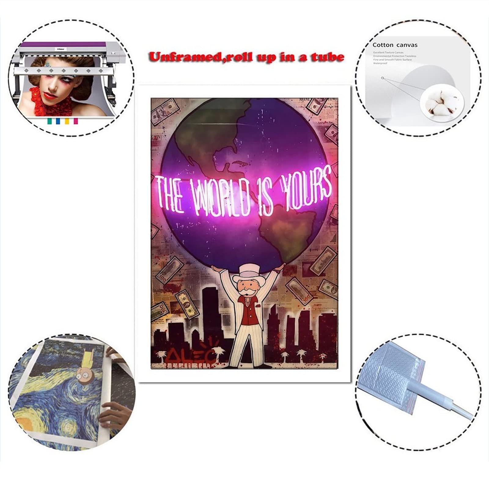 Premium Alec-Monopolys 'The World Is Yours' Canvas Wall Art - 12x18 Inch (30x45cm) Modern Home Decor for Living Room, Bedroom & Office - Perfect Gift for Travel Lovers & Inspirational Space Decor