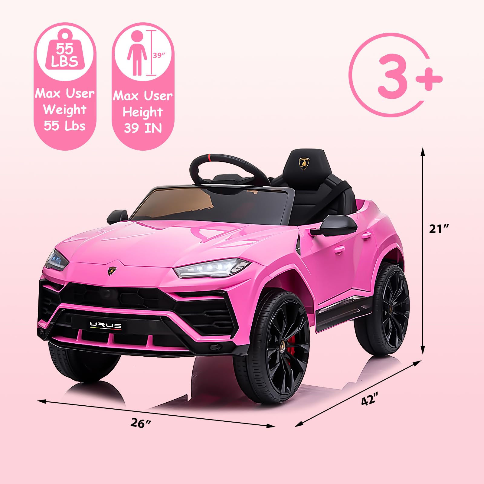 12V Licensed Lamborghini Electric Ride On Car for Kids - Remote Control, 2.5MPH Max Speed, LED Lights & Music Player - Spring Suspension & Lockable Doors - Perfect Birthday Gift for Toddlers (Pink) | Indoor & Outdoor Play, Pretend Driving Fun