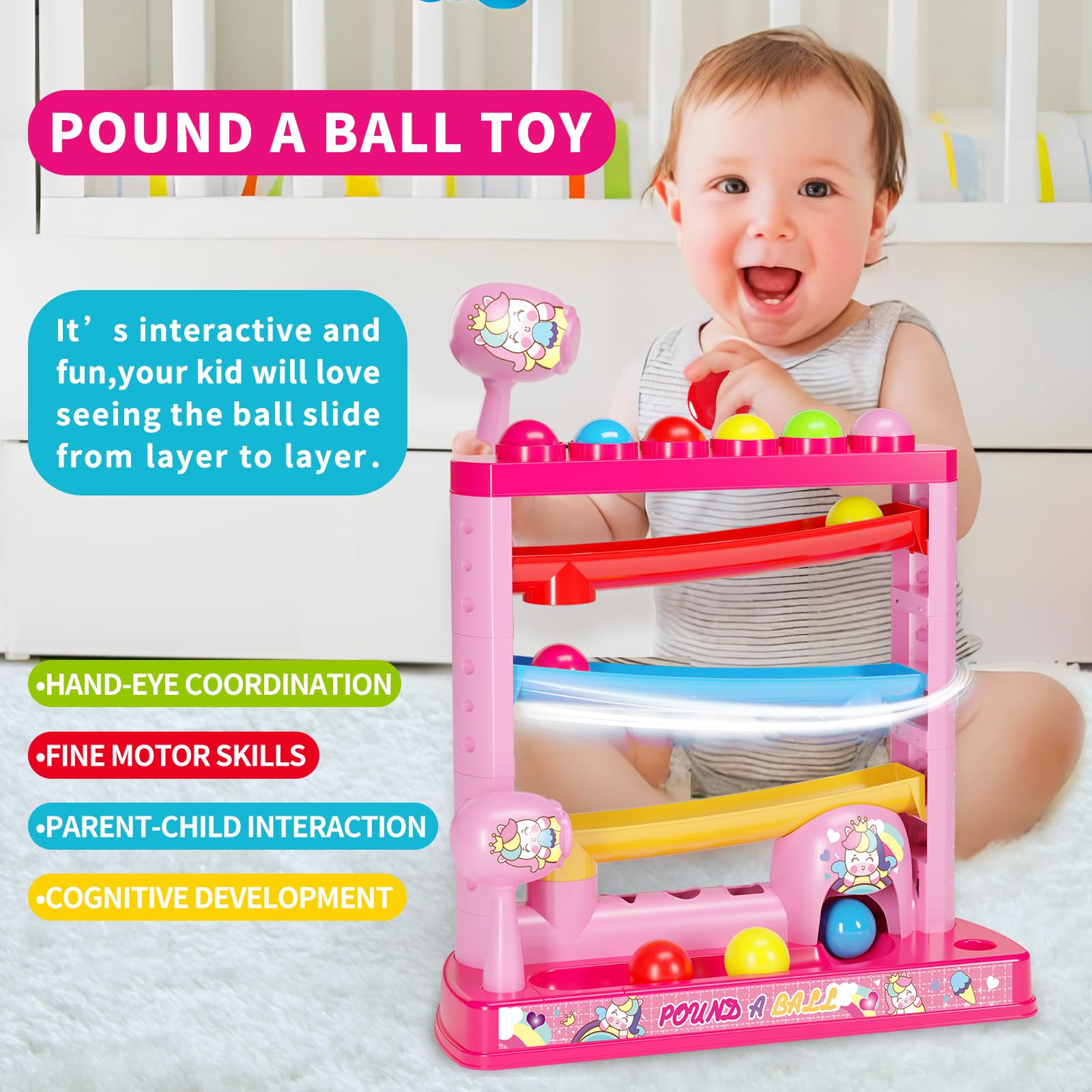 OCHIDO Montessori Toys for 1 2 3 Year Old Kids - Pound A Ball Game with 2 Hammers & 12 Balls - Early Learning Educational Toys for Toddlers - Perfect Gift for Girls & Boys - Great for Sensory Play, Hand-Eye Coordination & Preschool Learning
