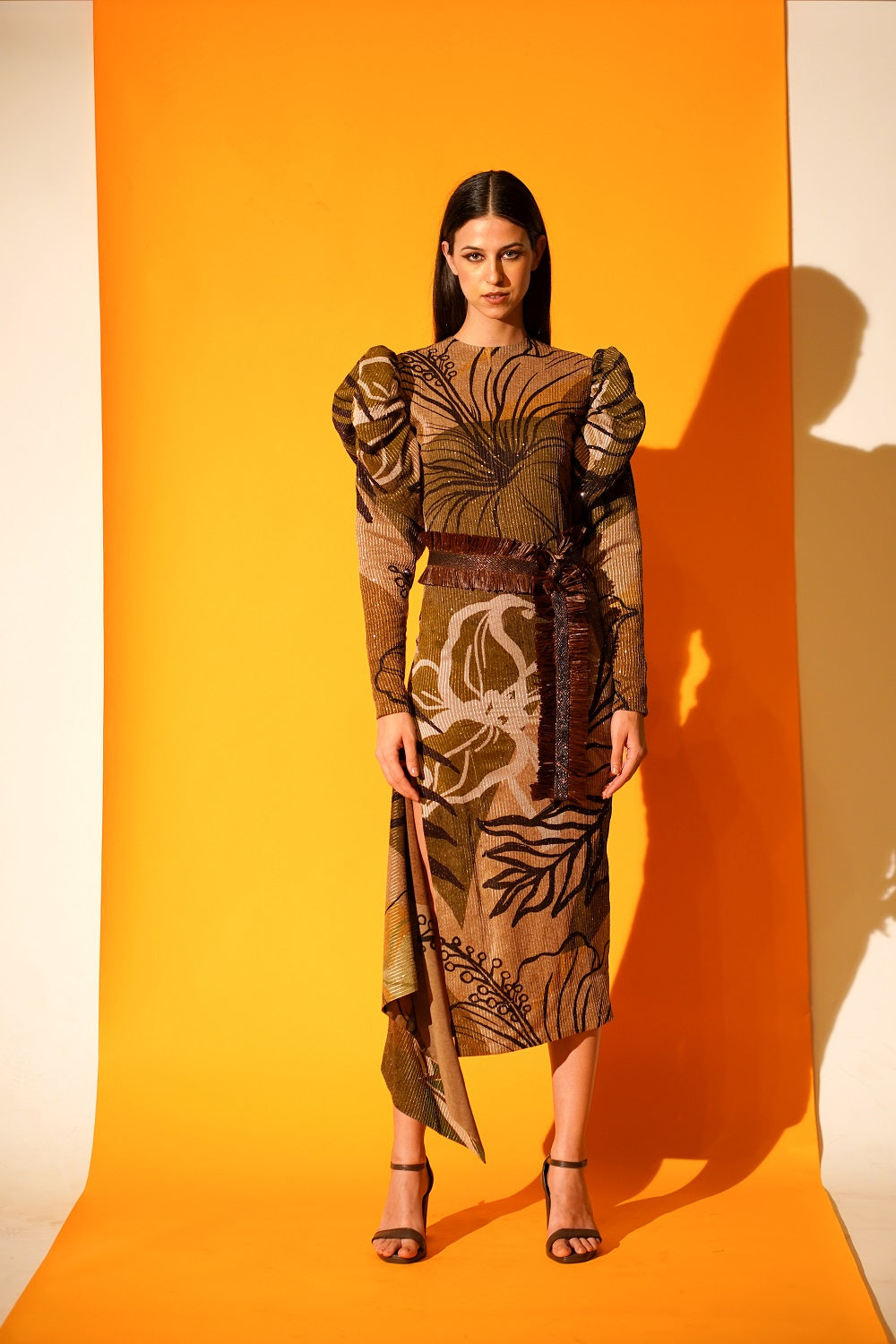 Tropical Brown Mutton Sleeve Slit Dress - Women's Elegant Summer Maxi Dress for Beach Vacation & Party Wear