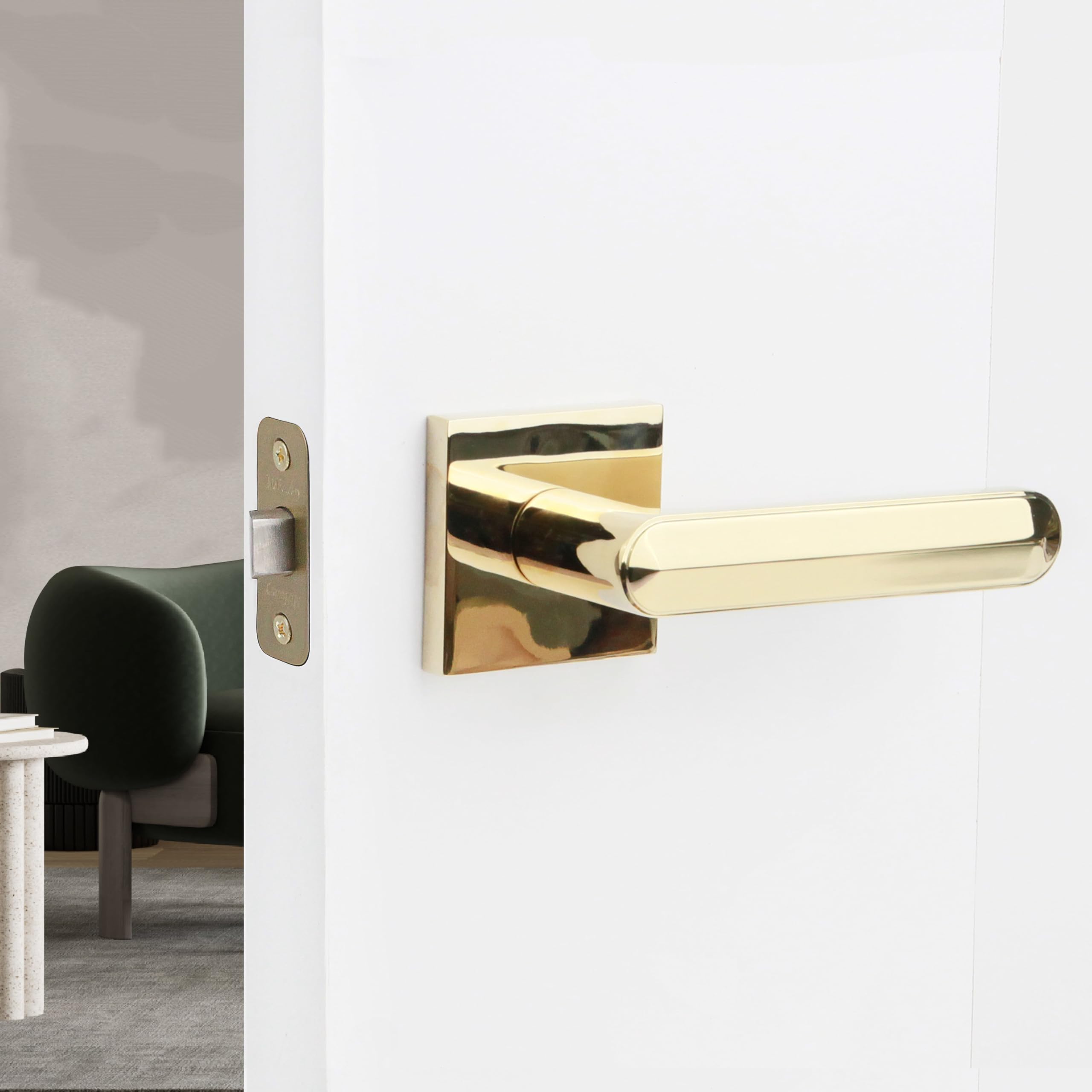 Heavy Duty Beaux Interior Door Lever - 28 Degree Latch Modern Door Handle for Bedroom, Bathroom, Hall & Closet - Polished Brass Passage (Left Hand) | Perfect for Home Renovation & Interior Design Projects