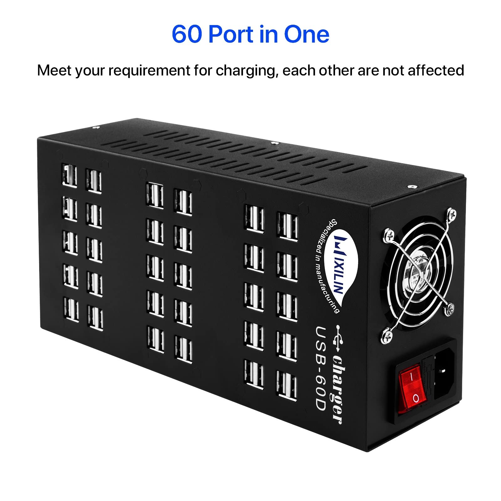 60-Port USB Charging Station 300W/60A with Intelligent Protection - Multi-Port USB Hub for Smartphones, Tablets, iPads - Perfect for Schools, Hotels, Offices & Home Charging Needs