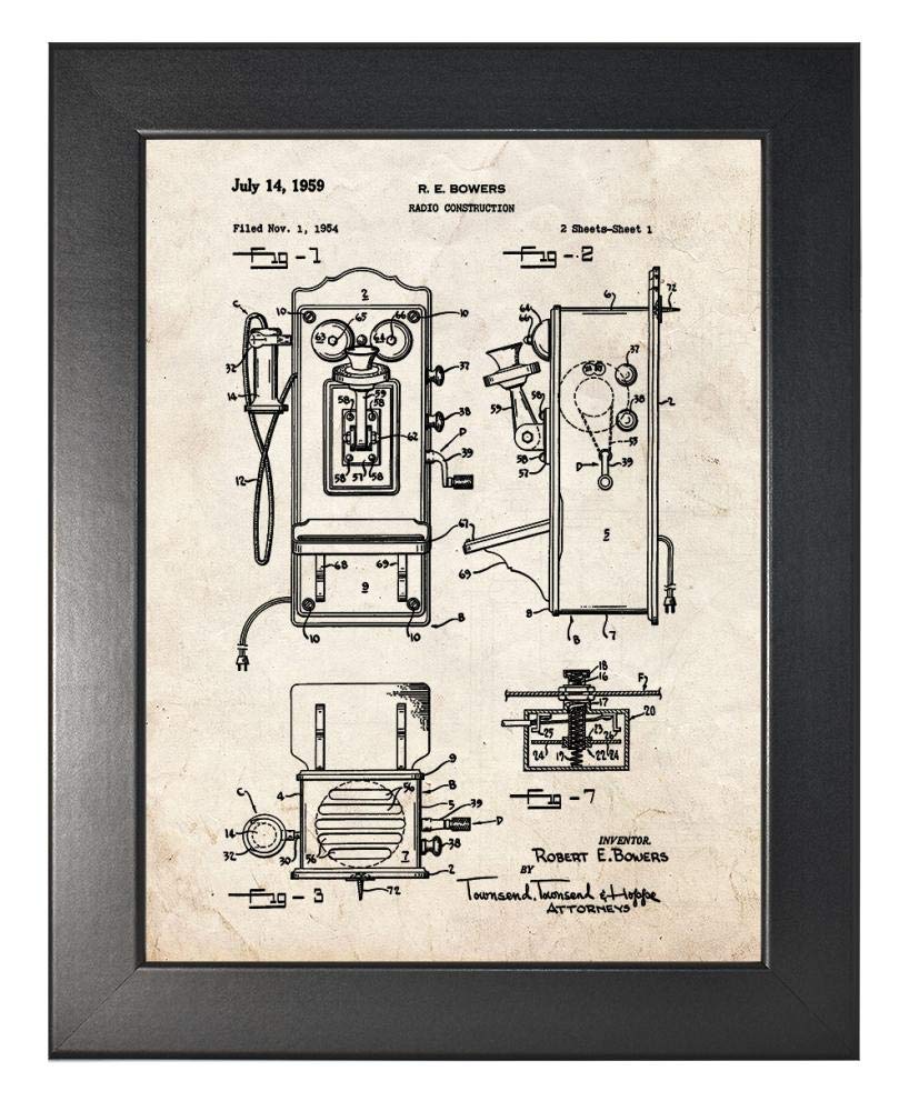 Vintage Telephone Radio Construction Patent Art Print in Black Wood Frame - 8.5