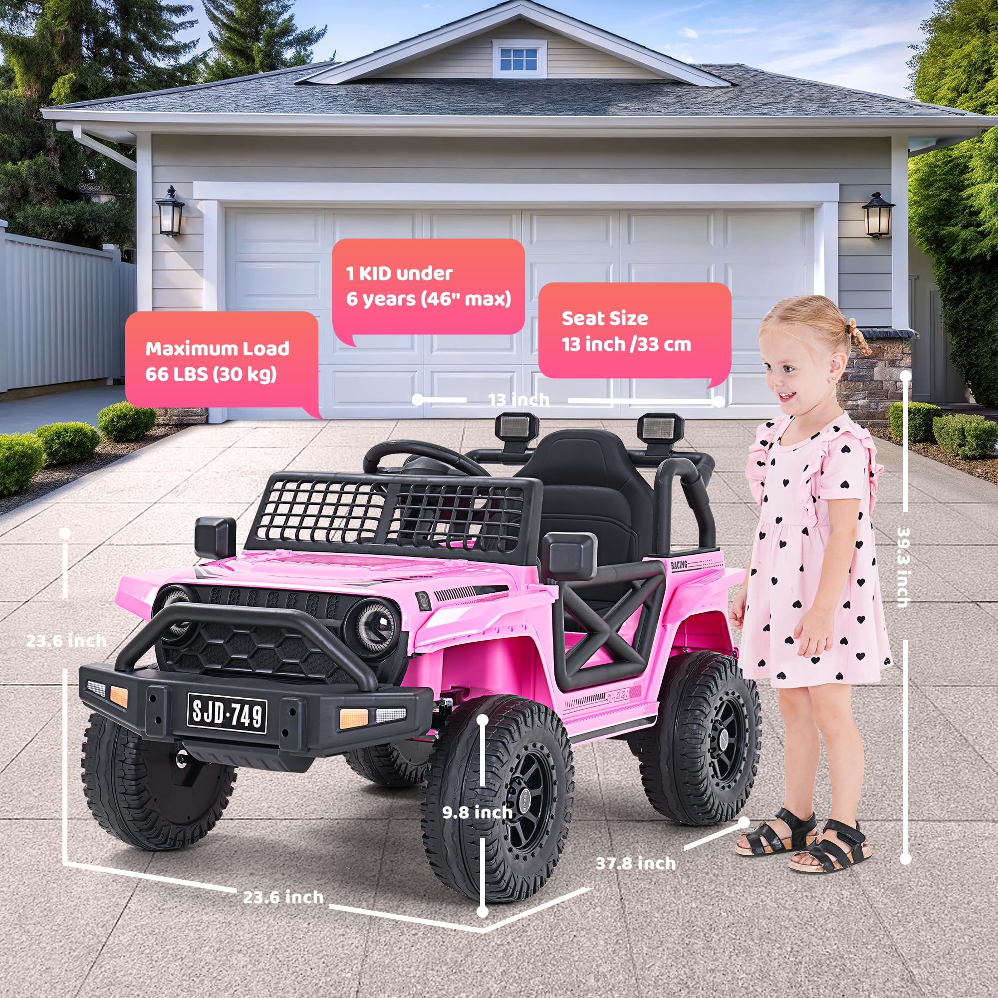 12V Kids Electric Ride-On Truck with Remote Control - 7Ah Battery, 2 Speed Modes, LED Lights & Music | Toddler Electric Jeep Toy for Boys & Girls (Pink) | Perfect for Indoor Play & Outdoor Backyard Fun