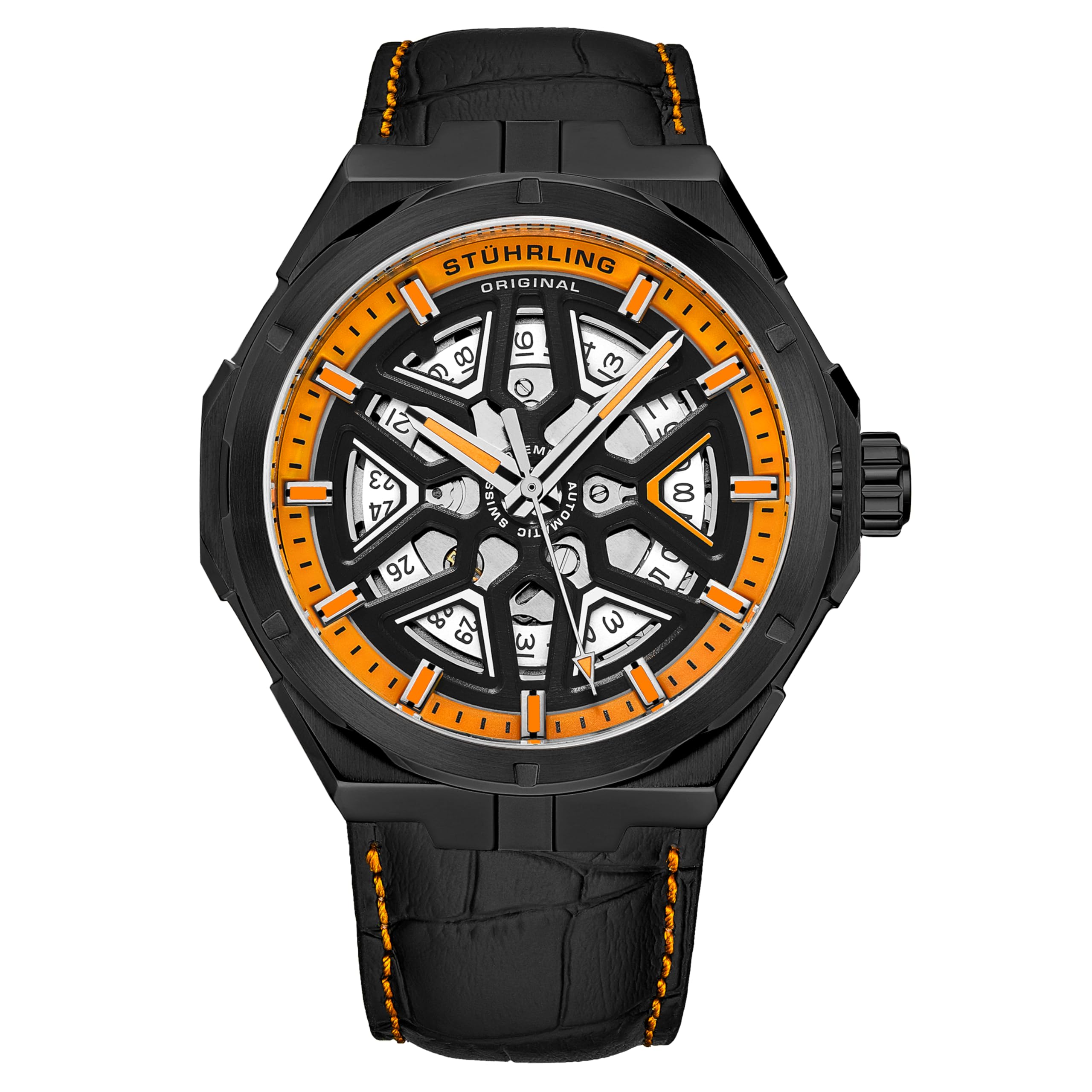 Stuhrling Original Men's Swiss Automatic Self-Winding Dress Watch - Genuine Leather Mechanical Skeleton Wristwatch for Business, Formal & Special Occasions