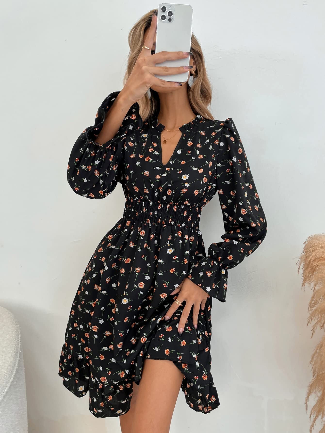 VIYAN Women's Floral Print Summer Short Dress - High Waist, Shirred Waist, V-Neck Sexy Mini Dress for Beach, Party & Date Night