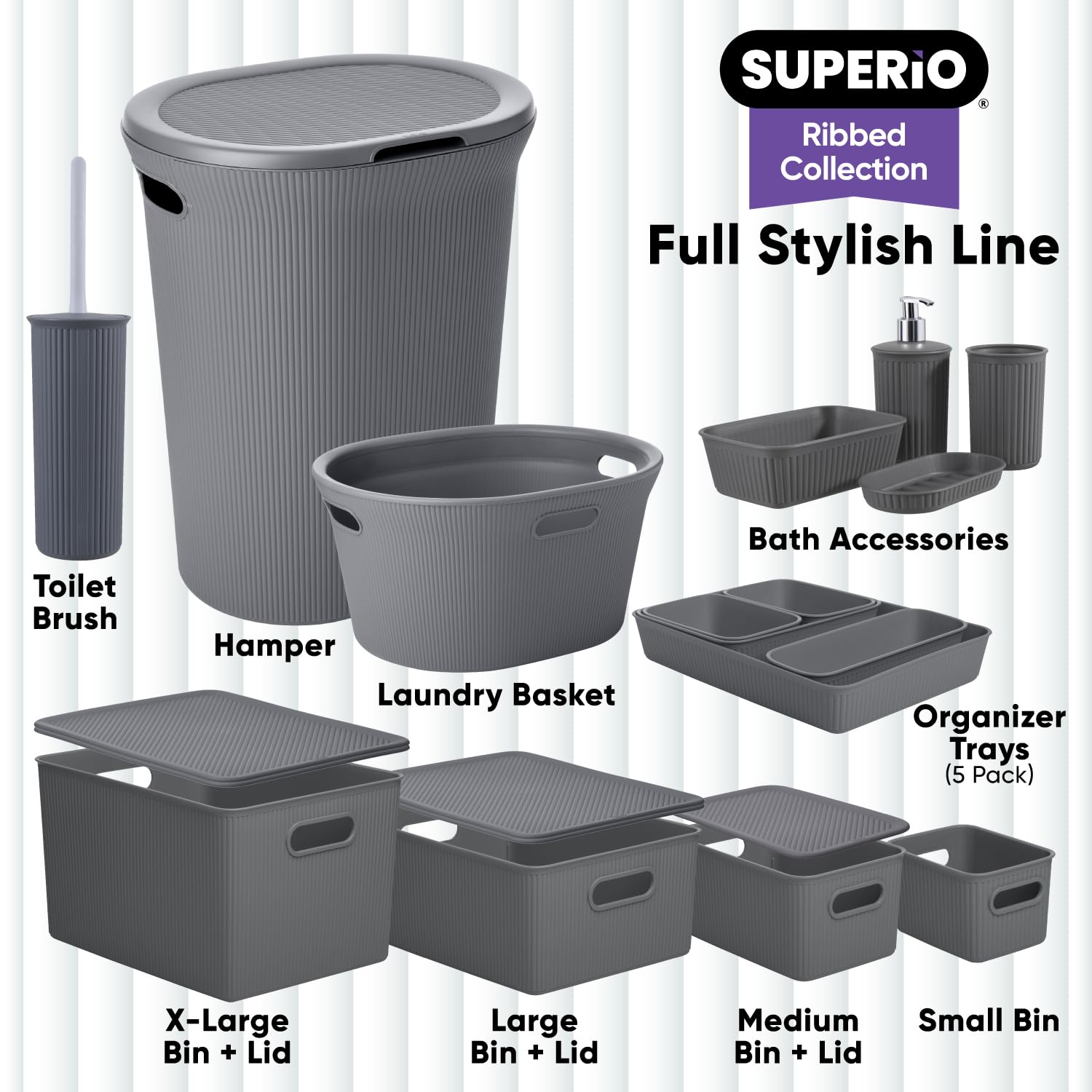 Superior Ribbed Plastic Storage Bins - 15 Liter/16 Quart Grey Organizer Baskets (1 Pack) for Home, Closet, Shelves & Drawer Organization - Perfect for Bedroom, Bathroom & Office Storage Solutions