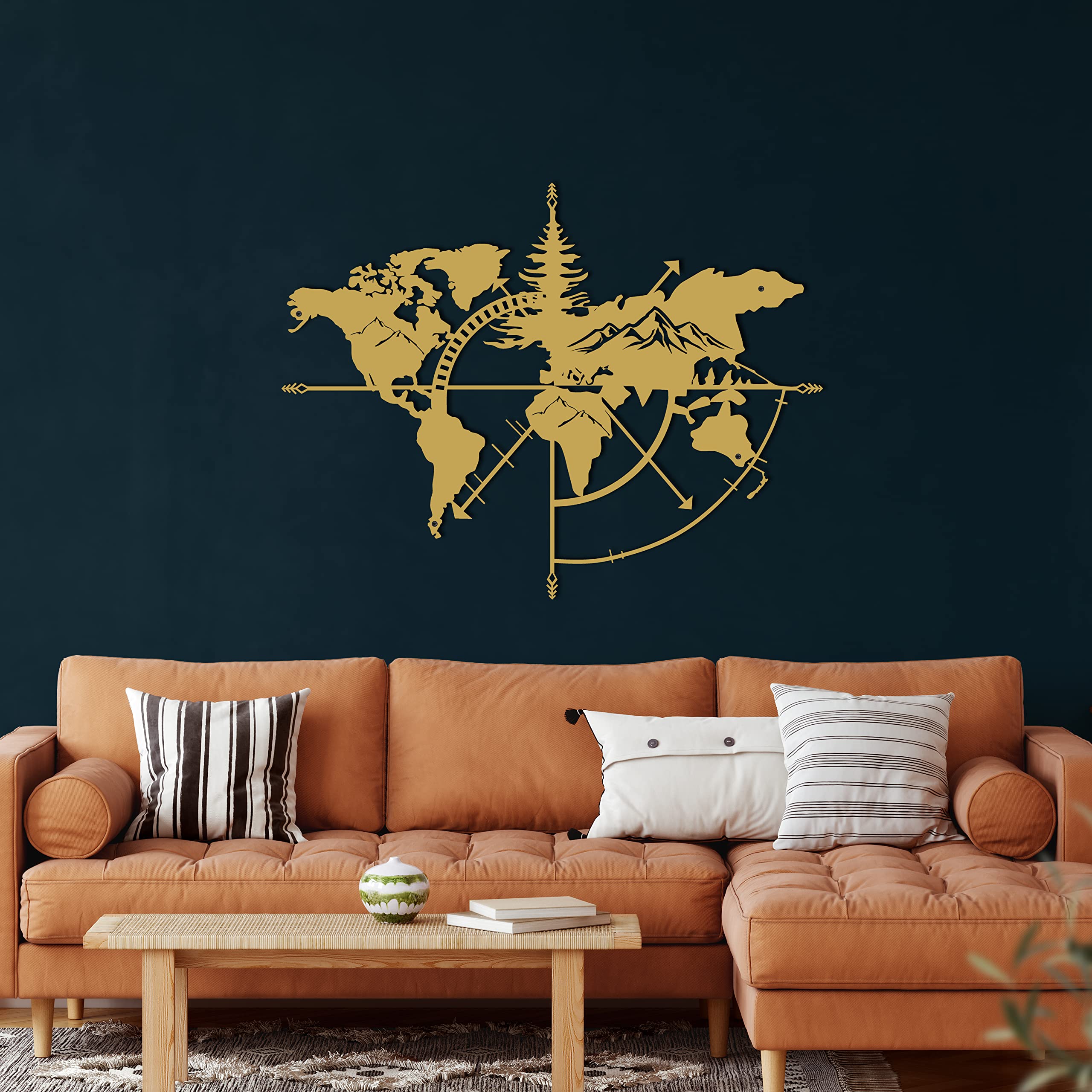 DEKADRON Metal Wall Art Decor - World Map Compass Mountain Design - Gold 38.6x29.5 Inch - Home & Office Decoration for Living Room, Bedroom, Study - Indoor Outdoor Wall Hanging Sign for Rustic, Farmhouse & Modern Interiors