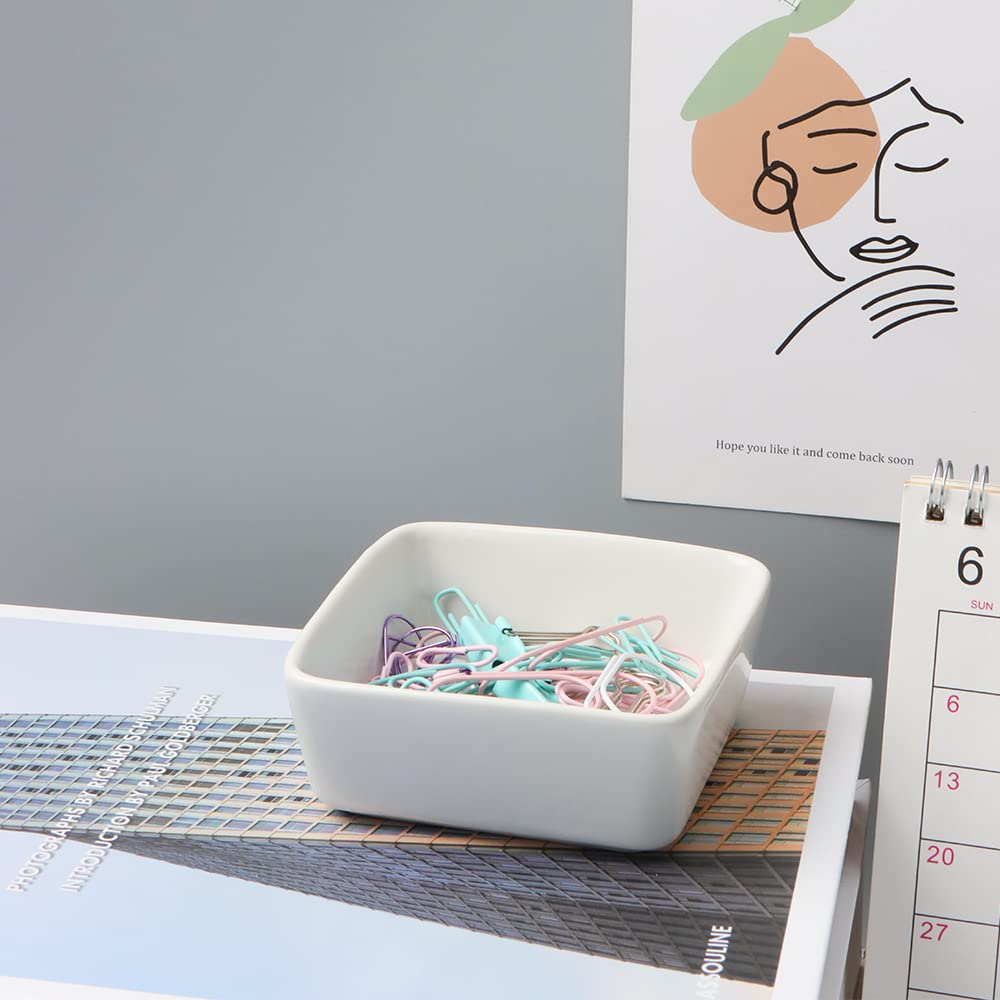 **Cute White Ceramic Paper Clip Holder - 3.5 Inch Square Desk Organizer for Binder Clips & Paperclips - Candy Color Office Supplies for Home & Office Use**