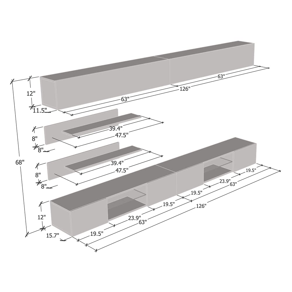 Modern Gray Wall-Mounted TV Stand with Storage Shelves & LED Lights - Floating Entertainment Center Console for Living Room & Bedroom - Perfect for Small Spaces & Home Theater Setups