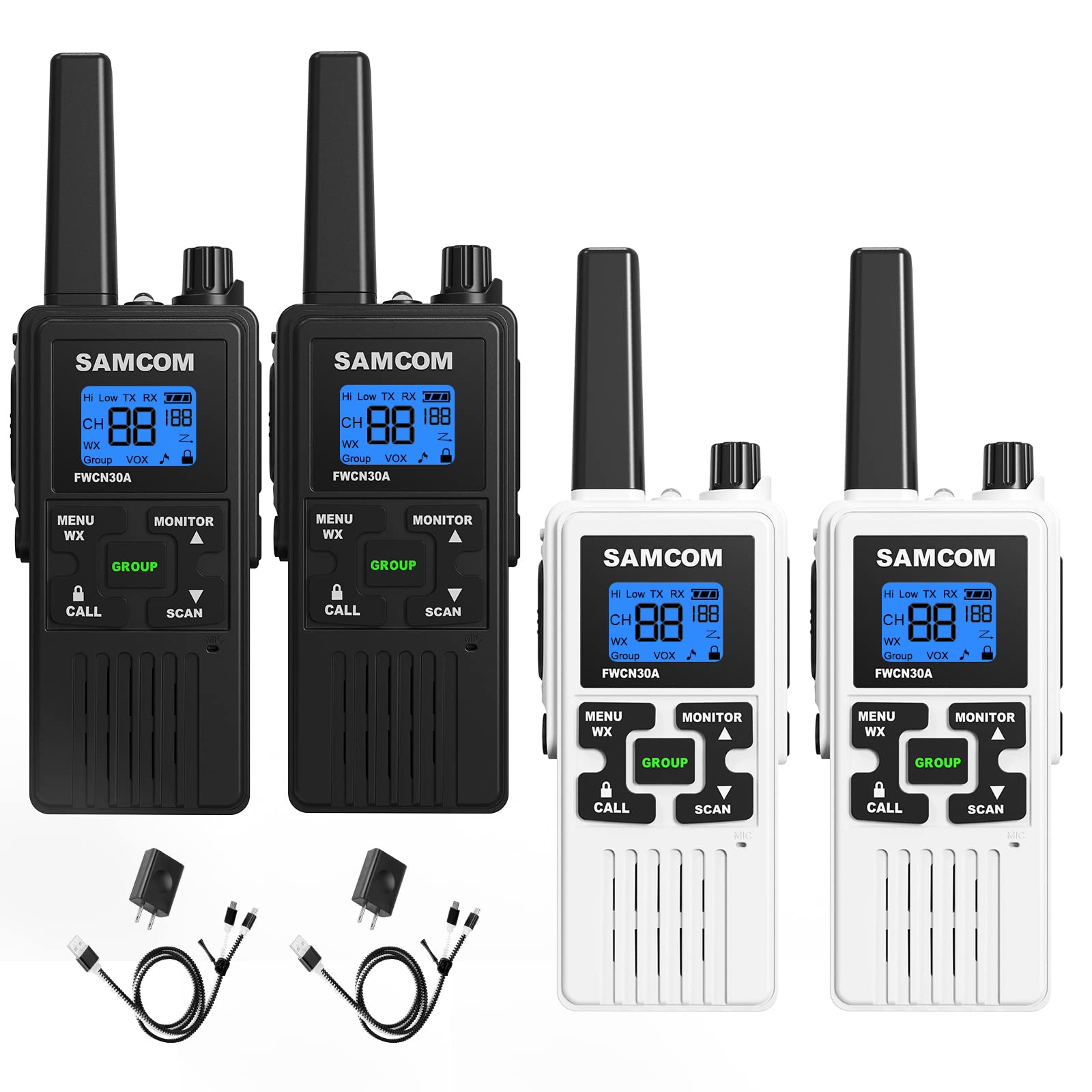 4 Pack Long Range Walkie Talkies for Adults - Rechargeable FRS Two Way Radios with NOAA Weather Alert, VOX, SCAN, Group Call, Flashlight & USB Charger - Perfect for Hiking, Camping, Construction and Outdoor Adventures