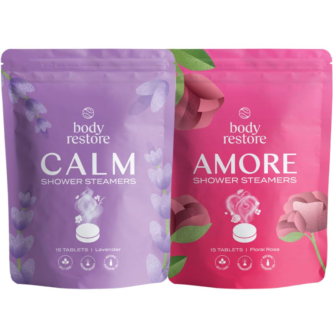 Body Restore Shower Steamers Aromatherapy Set - 15 Packs x 2 (Lavender & Rose Essential Oils) for Stress Relief & Relaxation | Perfect Gifts for Women & Men, Mom | Luxury Bath Bombs for Spa-Like Shower Experience at Home