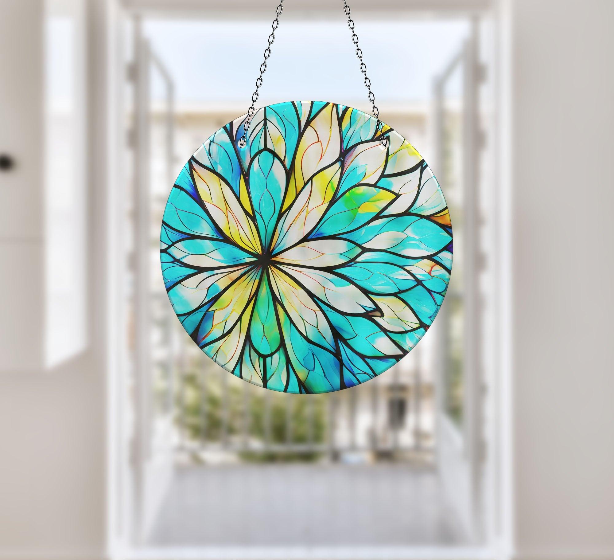 Blue and White Suncatcher Window Decor - Handmade Stained Glass Hanging Ornament for Home, Office, Garden (Perfect for Living Room, Bedroom, Kitchen & Outdoor Spaces)
