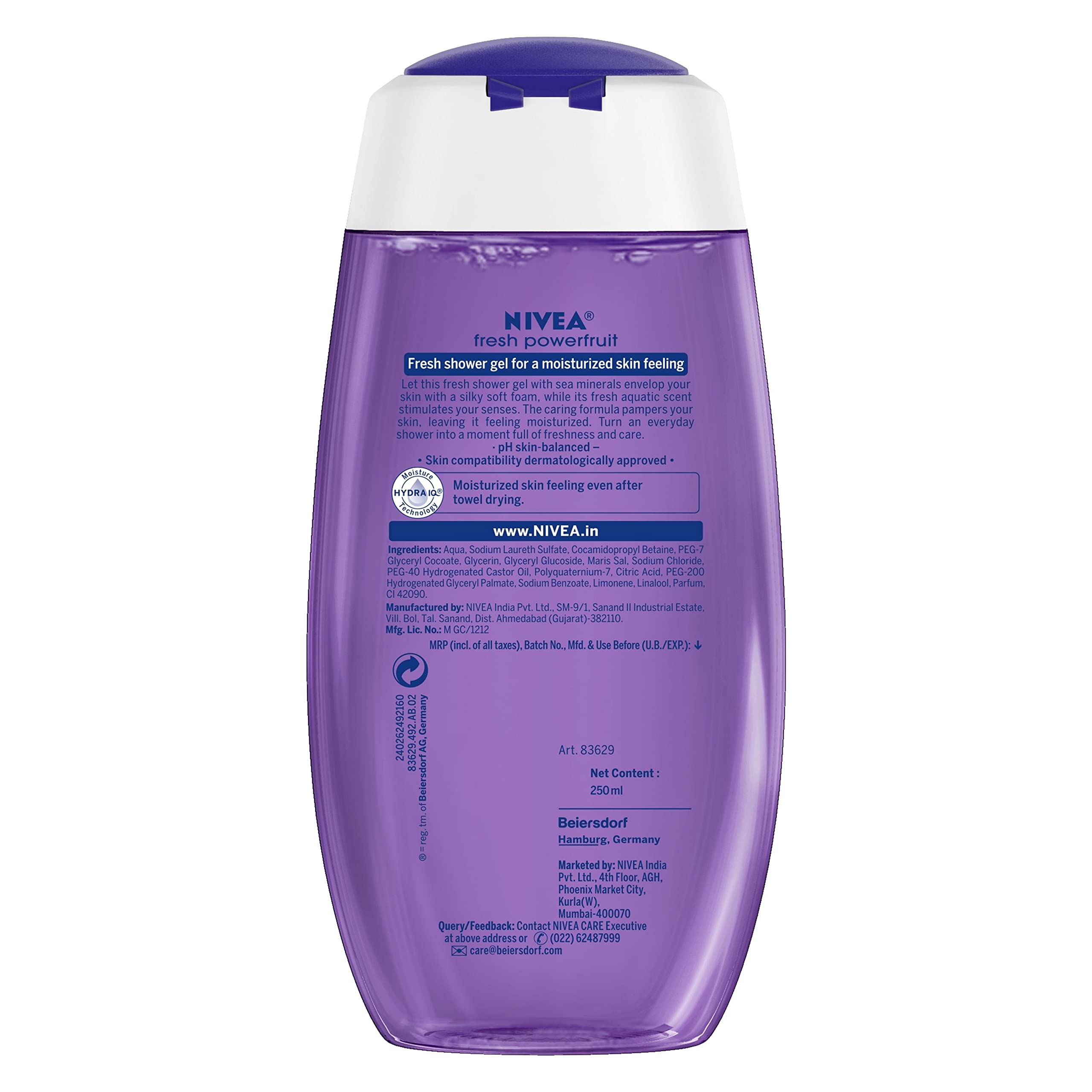 NIVEA Fresh Powerfruit Shower Gel with Antioxidants & Blueberry Scent - 8.5 fl oz (250 ml) Body Wash for Smooth, Hydrated Skin - Perfect for Daily Shower & Relaxing Bath Time