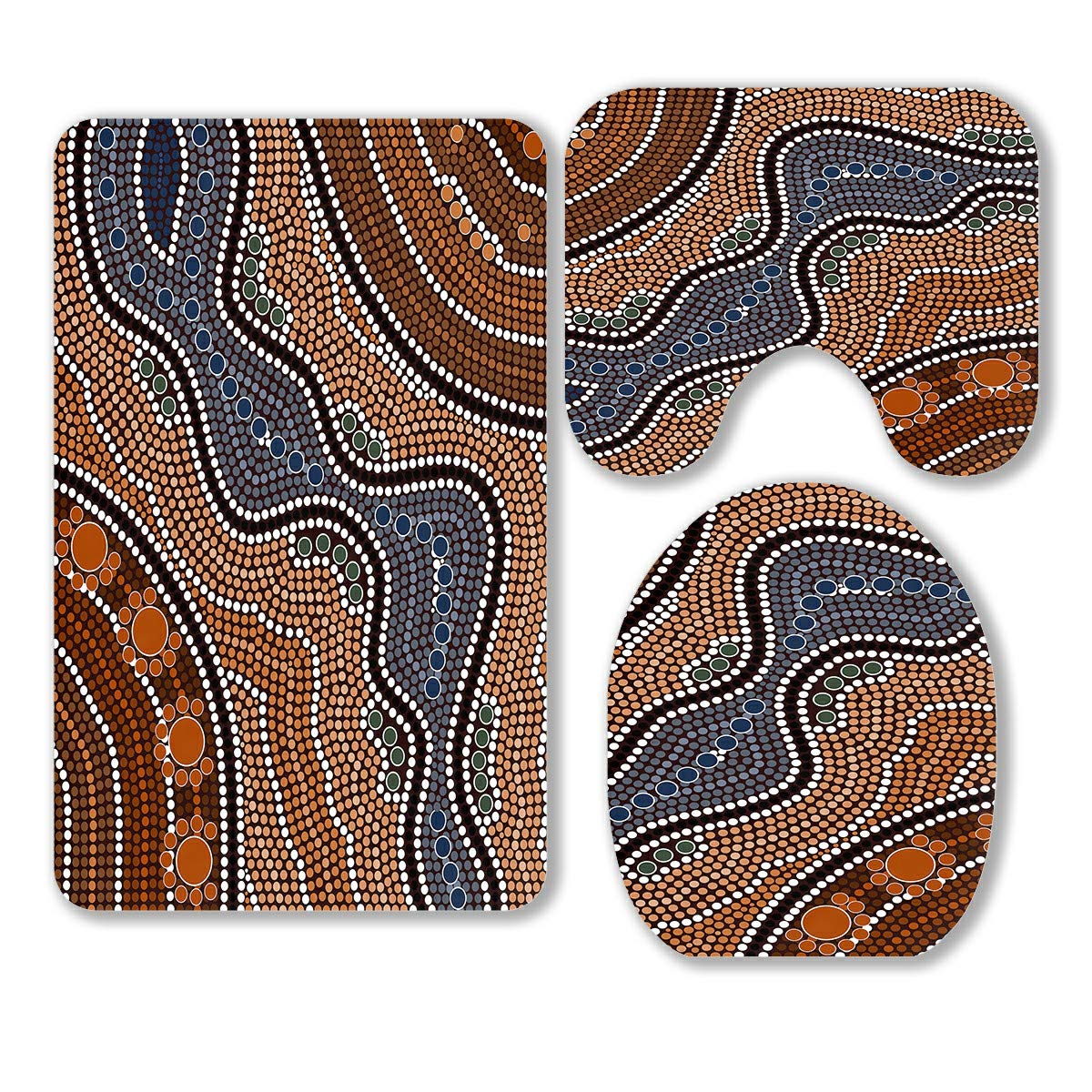 3-Piece Aboriginal Dot Painting Bathroom Rug Set - Non-Slip Bath Mat, Contour Mat & Toilet Lid Cover with River Design | Perfect for Modern & Bohemian Style Bathrooms