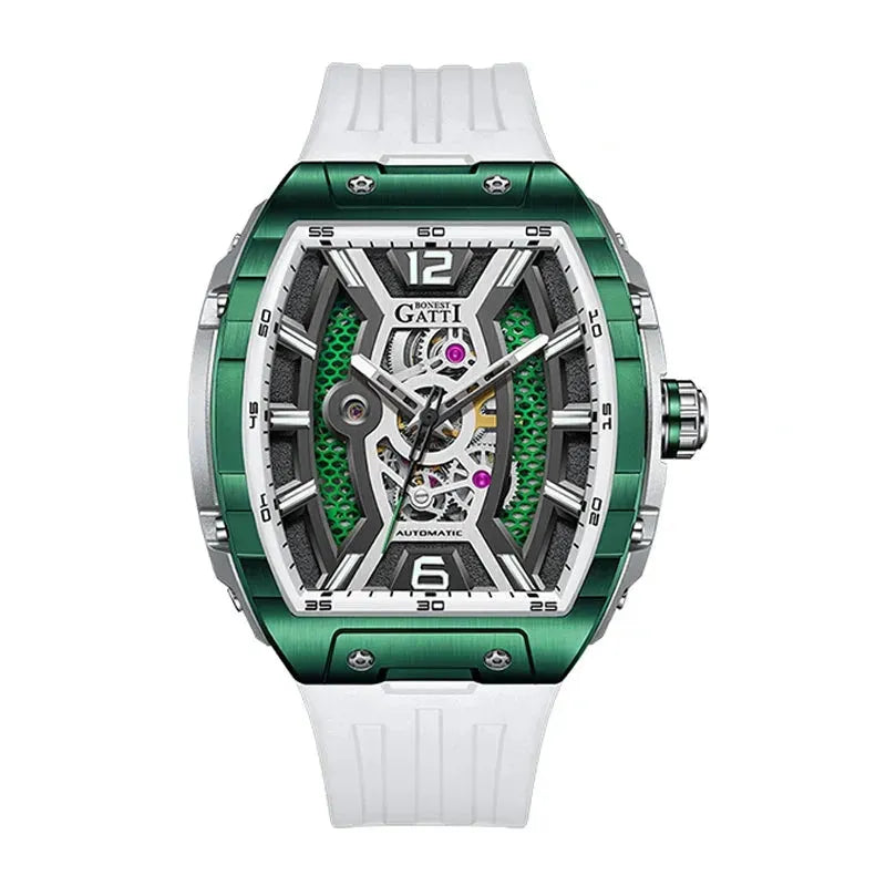 Luxury BONEST GATTI Men's Automatic Mechanical Watch 46MM Tonneau Case - Waterproof Sapphire Crystal Skeleton Dial with Luminous Hands & Viton Strap - Perfect for Business, Formal Events & Gift Giving