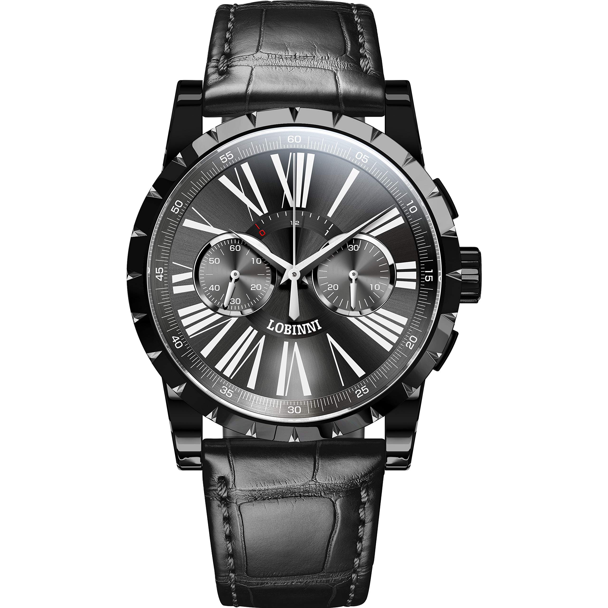 LOBINNI Men's Business Chronograph Mechanical Hand-Wind Wrist Watch - 50M Waterproof Genuine Leather Band - Perfect for Office, Formal Events & Professional Settings